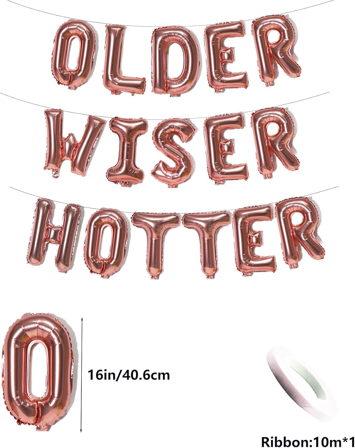 Older Wiser Hotter – Globos de papel de aluminio con letras divertidas para decoraciones de cumpleaños para mujeres y hombres, suministros para