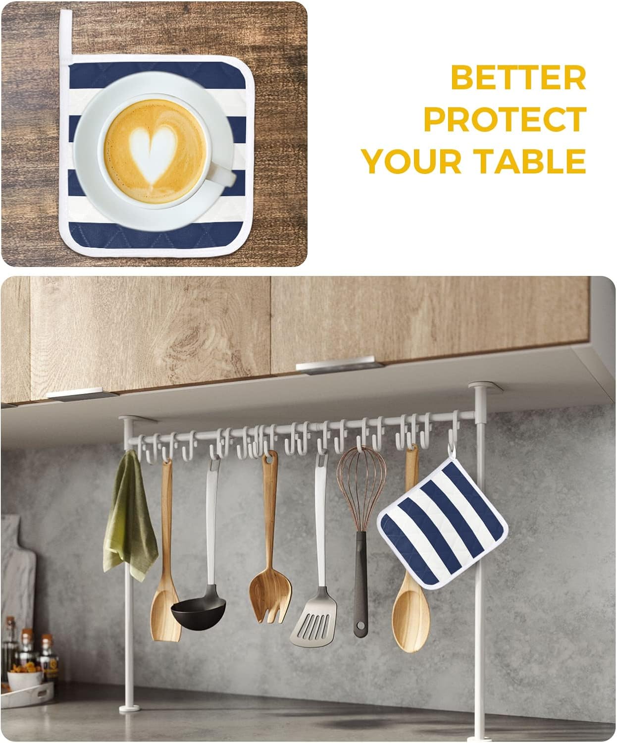 Paquete de 4 soportes para ollas con aislamiento térmico, diseño náutico moderno a rayas, lavable, juego de ollas para cocina, color azul marino,