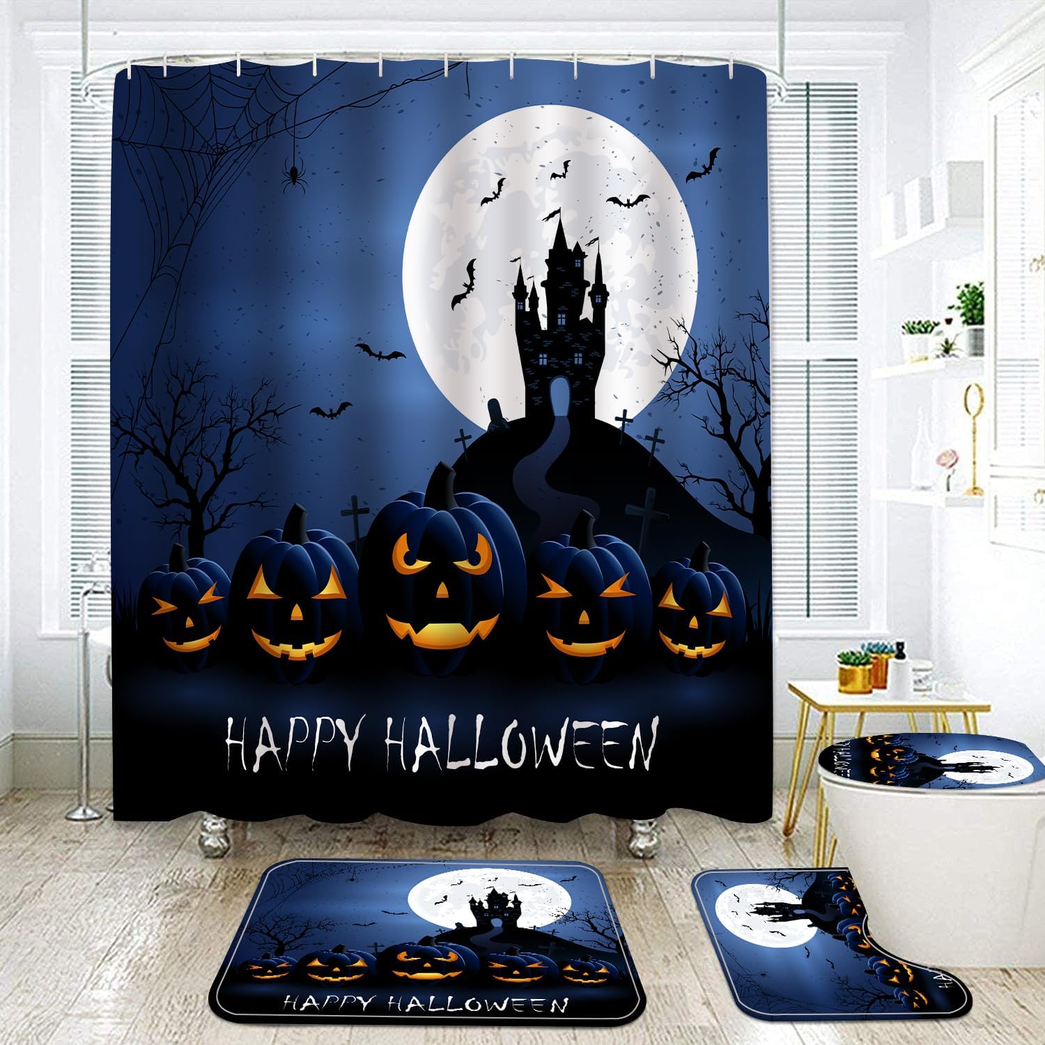 Juego de 4 cortinas de ducha de Halloween, cortinas de ducha, alfombras de baño antideslizantes, funda de inodoro, tapete de baño, decoración de