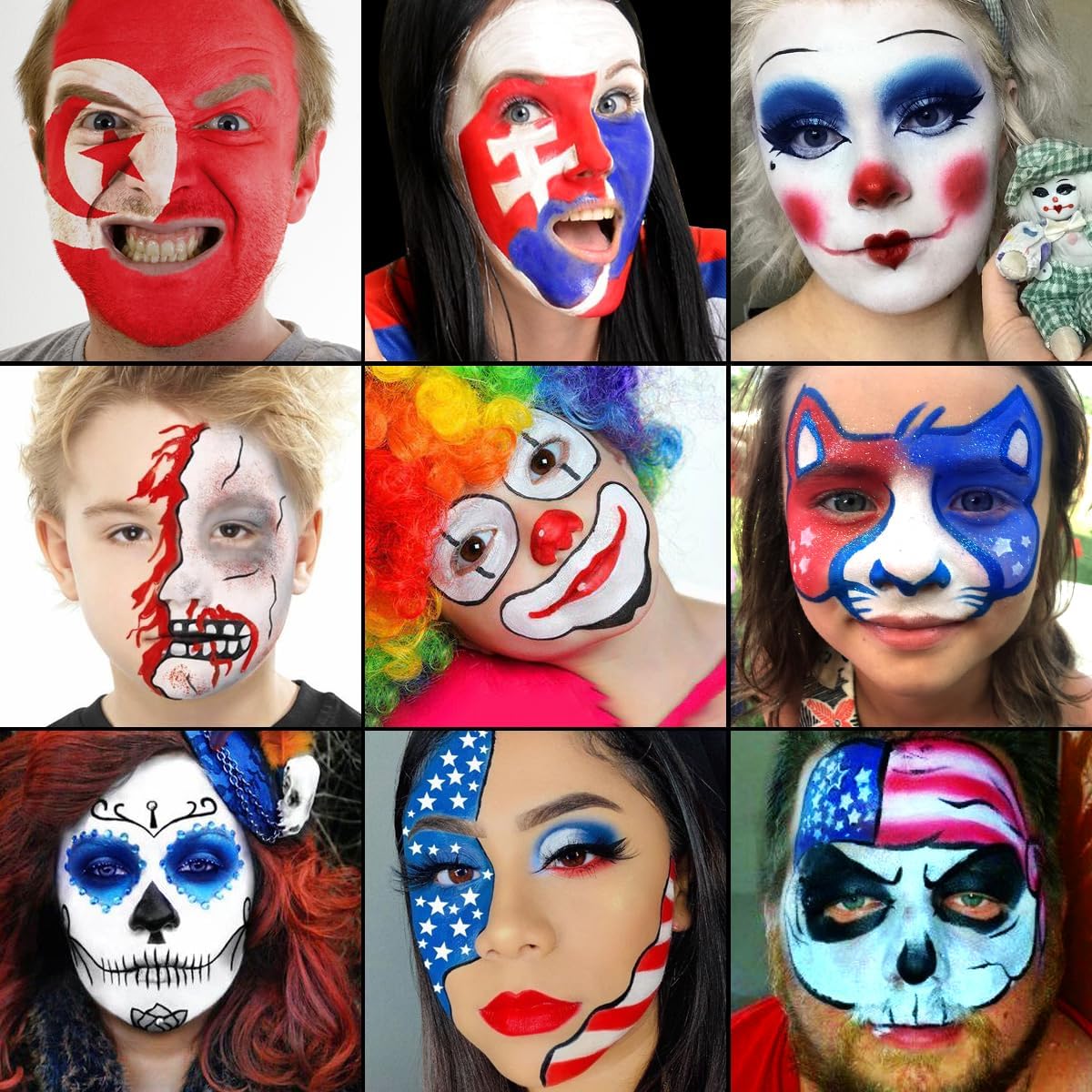 DE’LANCI Pintura facial roja, blanca y azul, pintura facial y corporal de EE. UU., maquillaje de payaso, pintura al óleo de crema de copo de nieve