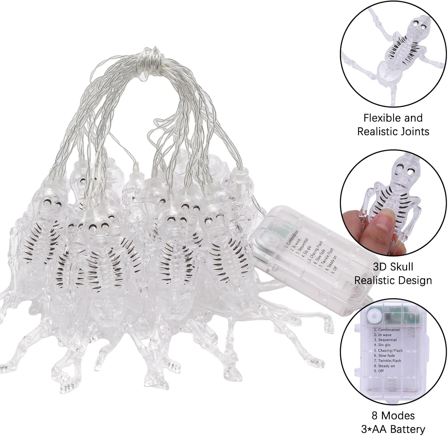 TIANSHENG Guirnalda de luces de esqueleto para Halloween, 20 luces LED, 8 modos, impermeables, funciona con pilas, para interiores y exteriores,