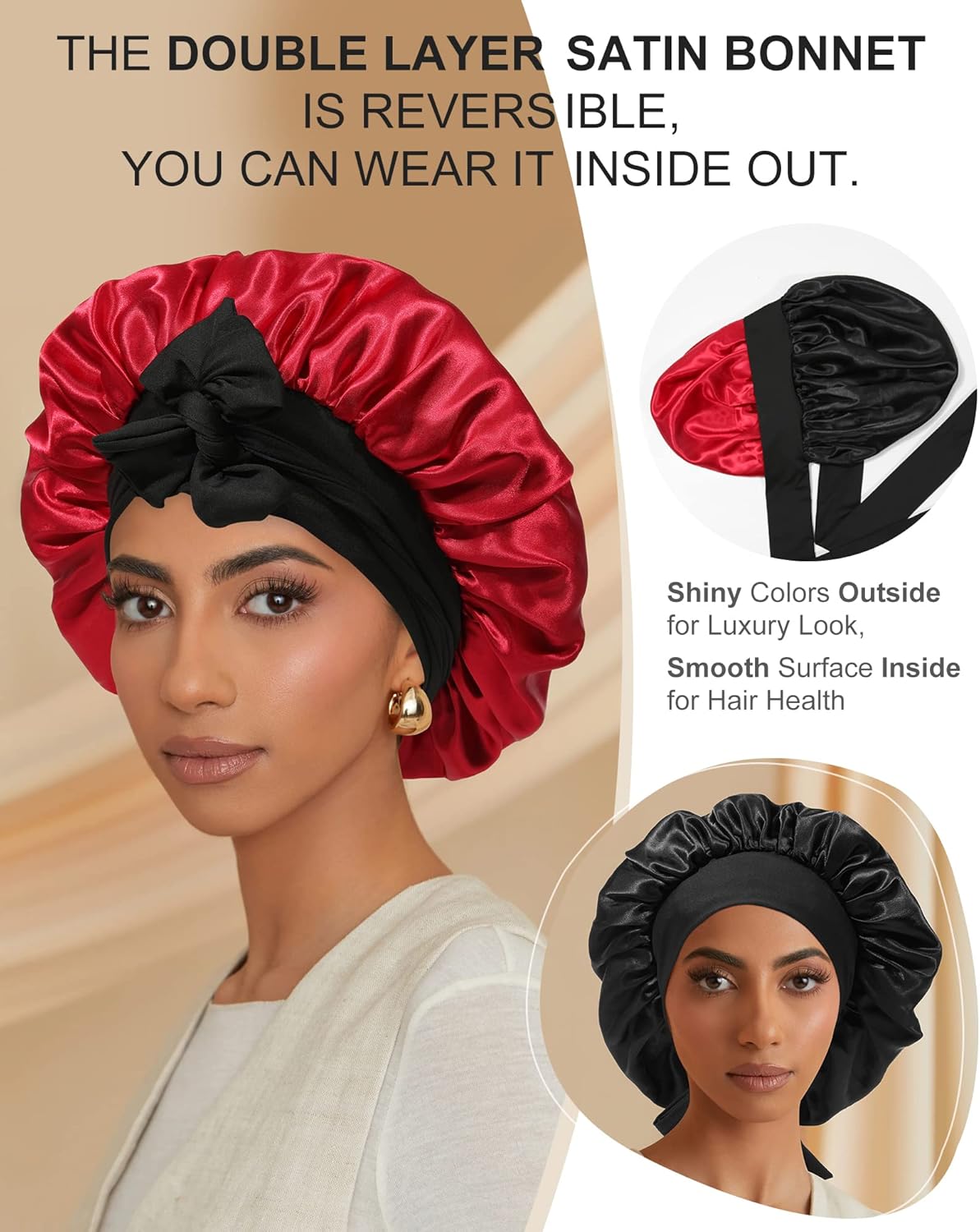 Gorro de satén para mujer, gorro de seda para dormir, gorro de pelo rizado con banda de corbata, doble capa para dormir, envoltura para el cabello