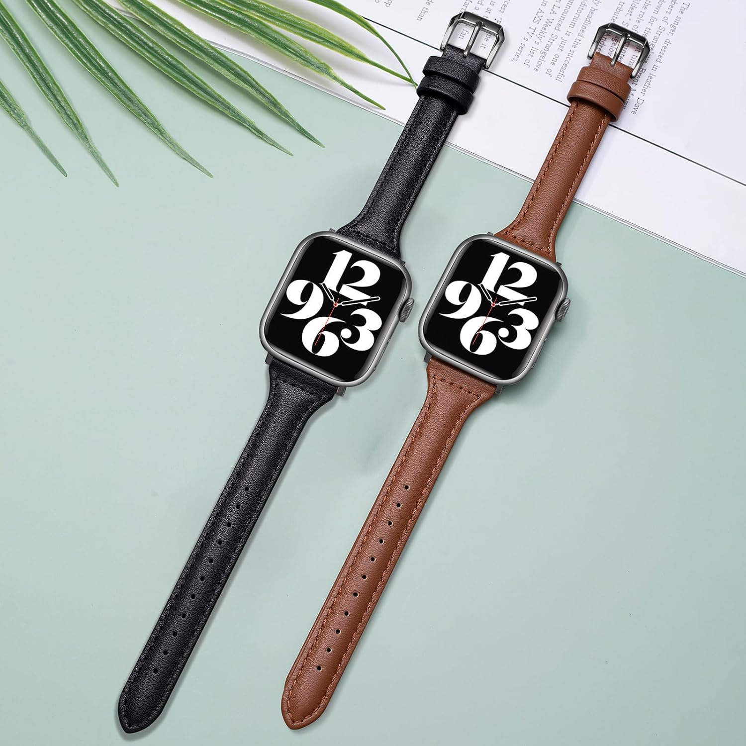 Paquete de 2 correas delgadas de cuero genuino compatibles con Apple Watch Band de 1.496 pulgadas, 1.575 pulgadas, 1.614 pulgadas, 1.654 pulgadas,