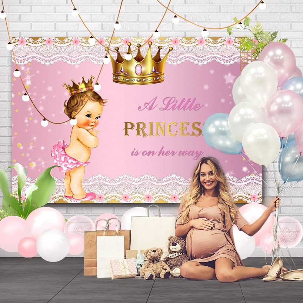 Telón de fondo de princesa para baby shower para niña, 8 x 6 pies, corona dorada, encaje rosa, fondo de fotografía con texto en inglés “A Little