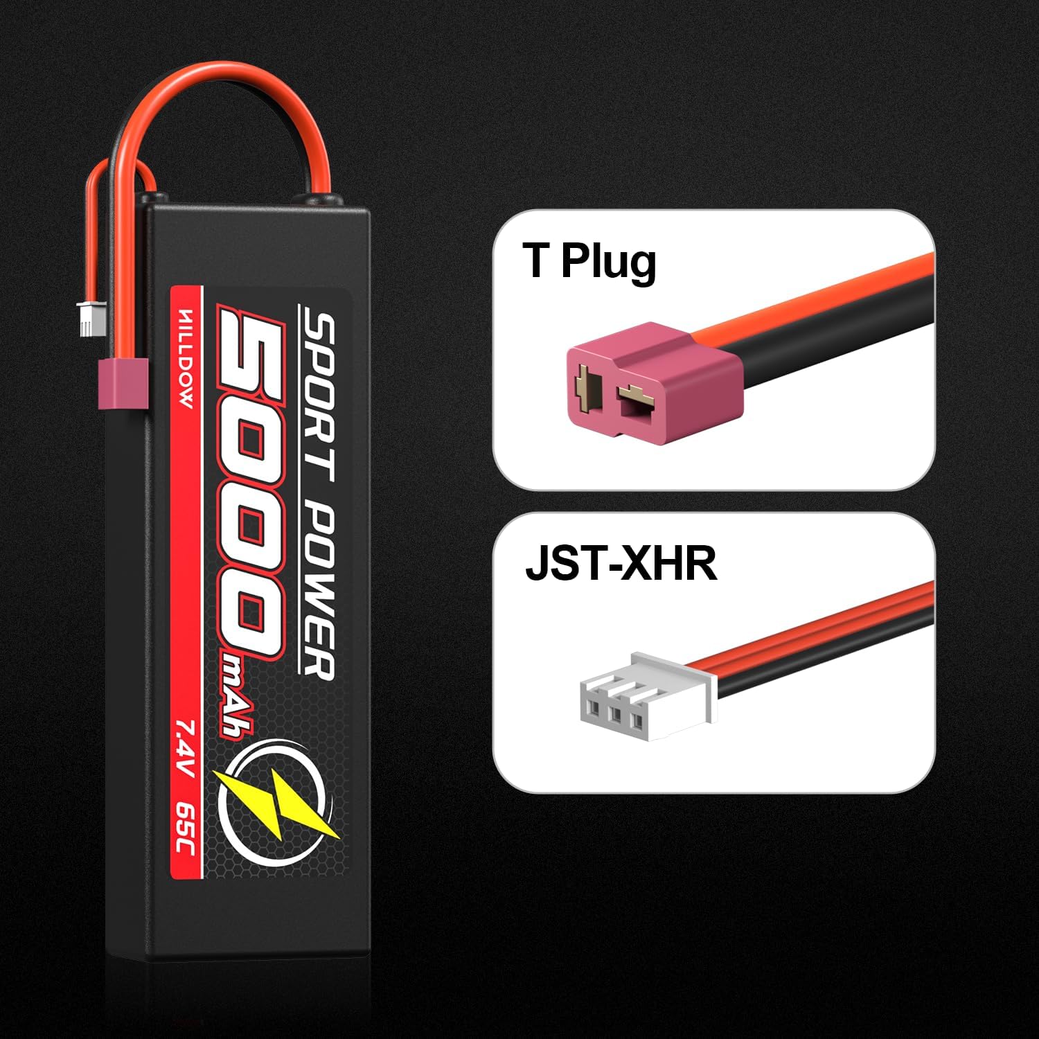 Hilldow Batería Lipo RC de 7.4 V 2S 65C 5000mAh Lipos Hard Case Baterías recargables con conector T estilo Dean para automóviles 18 110 RC camiones
