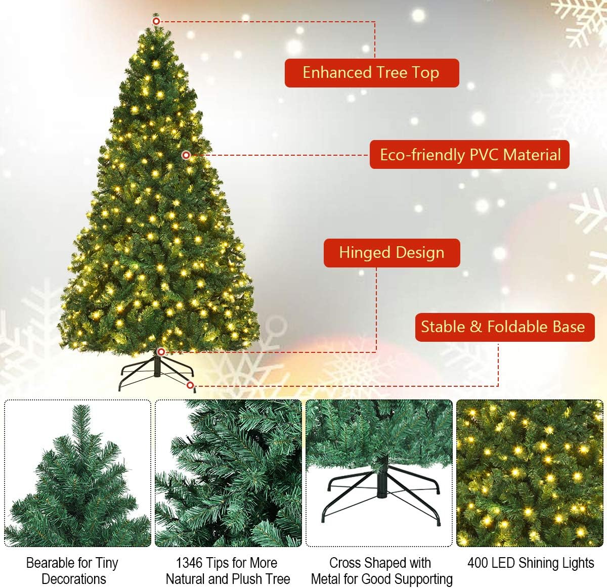 Goplus Árbol de Navidad artificial pre-iluminado, árbol de abeto con bisagras de alta calidad, con luces LED y soporte de metal, fácil de montar,