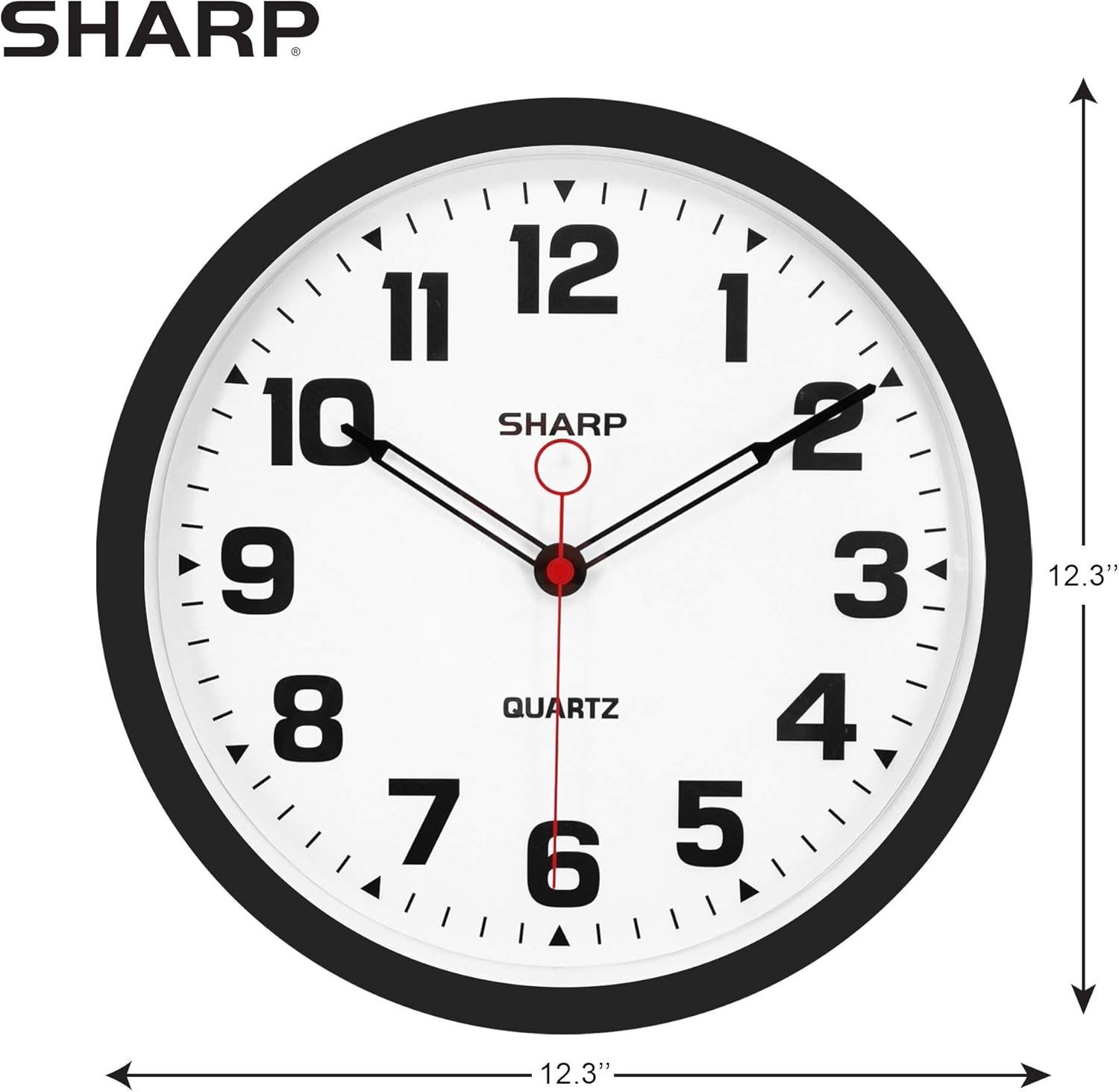 SHARP Reloj de pared negro mate de 12 pulgadas, silencioso, sin tictac, moderno, elegante, de cuarzo, funciona con pilas, fácil de leer