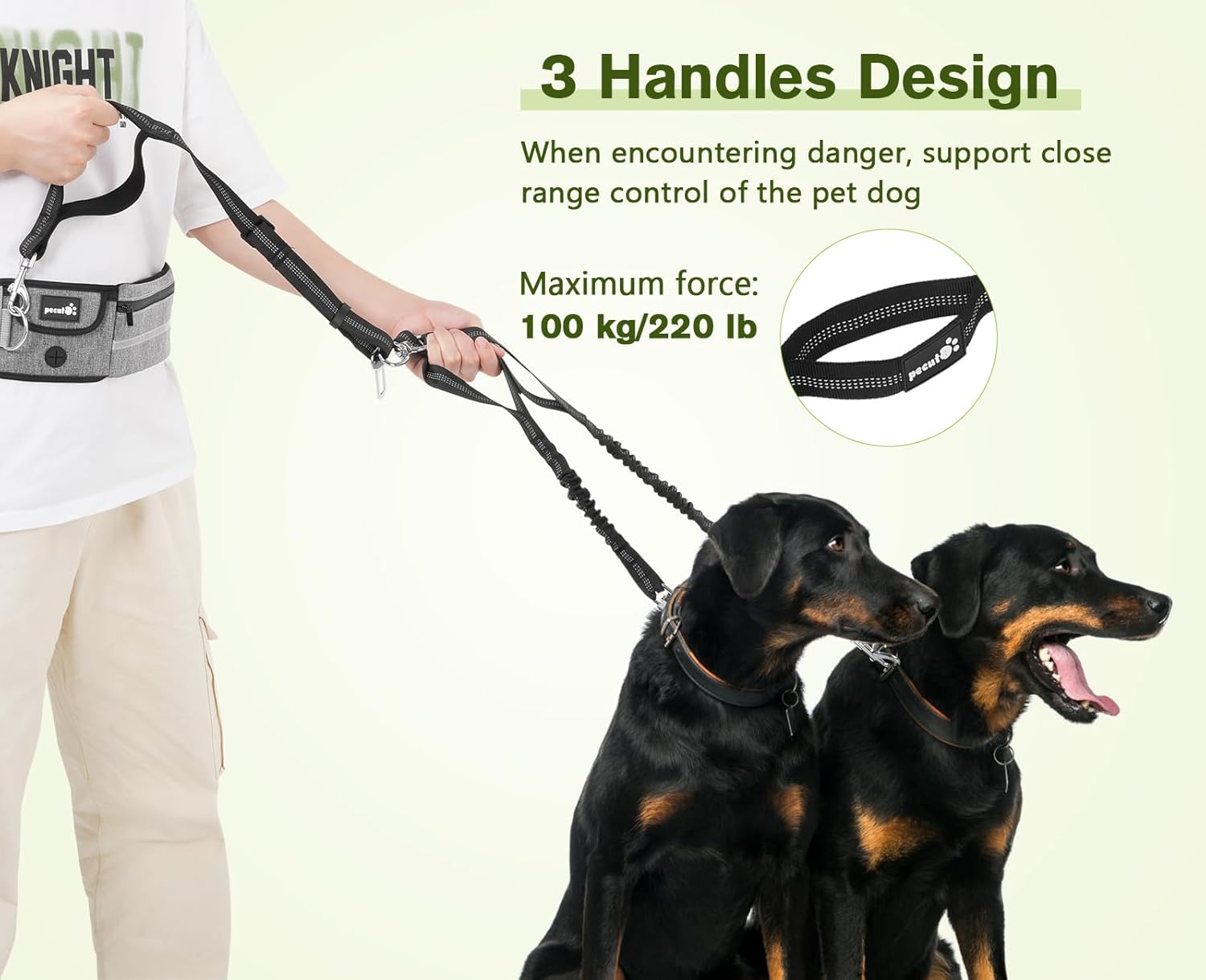 Pecute Correa de perro manos libres para 2 perros, riñonera con cinturón acolchado suave, correa doble para perro con bolsa, 3 asas acolchadas,