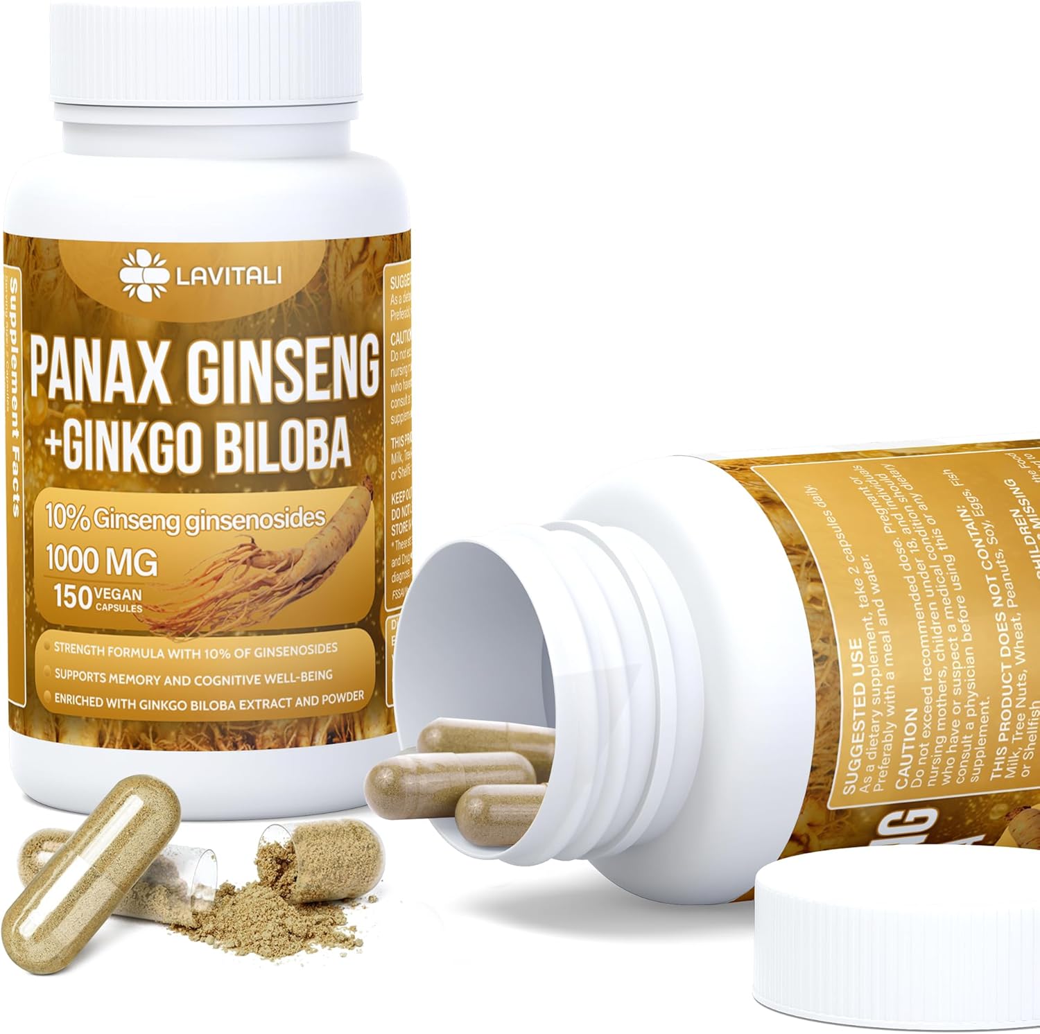 Ginseng & Ginkgo Biloba 150 cápsulas vegetales, polvo de extracto de raíz de ginseng energético, con extracto de ginkgo biloba, 100% natural y sin