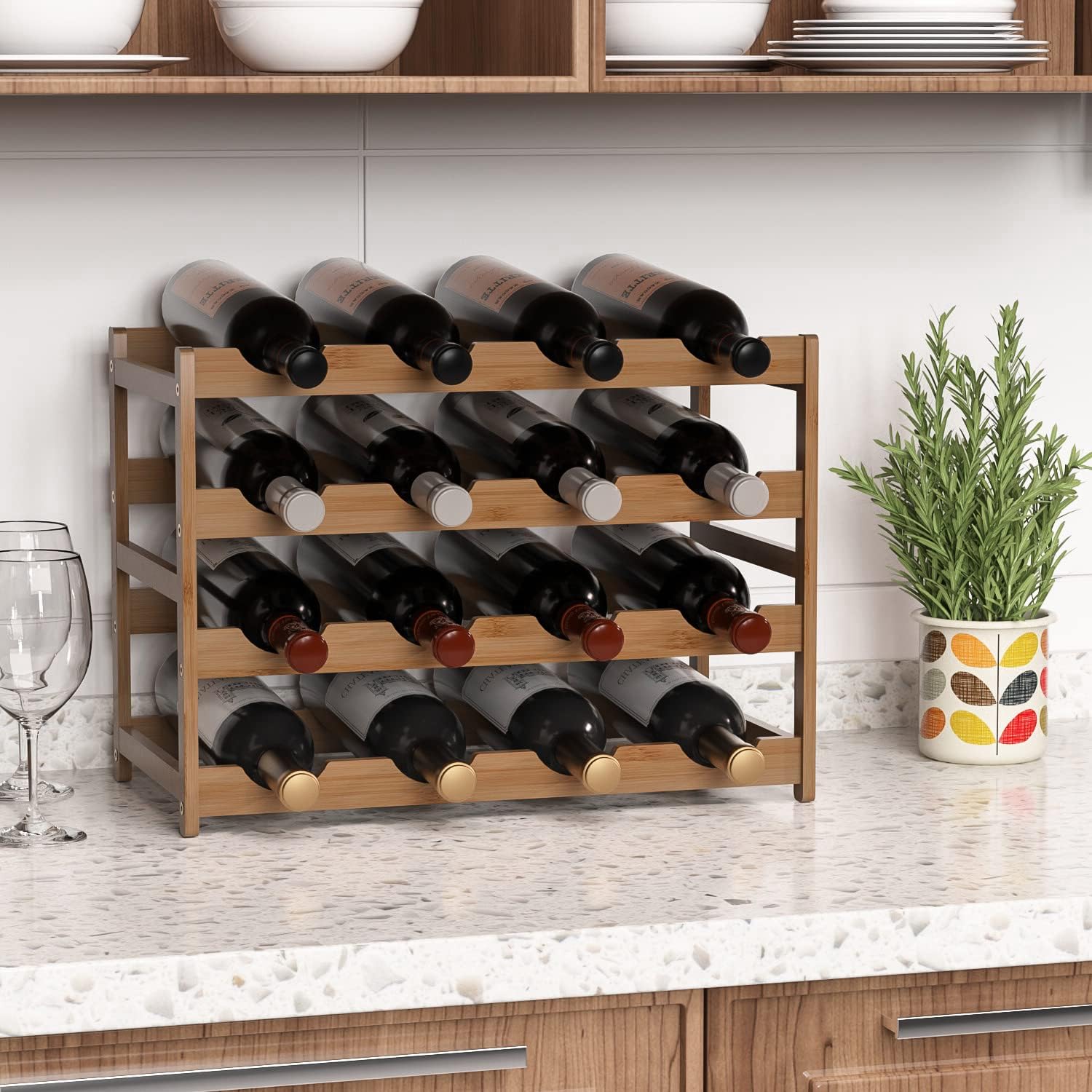 Ruichang Estante de vino resistente para encimera de vino, soporte de bambú para botellas de vino, estantes de almacenamiento de vino, soportes para