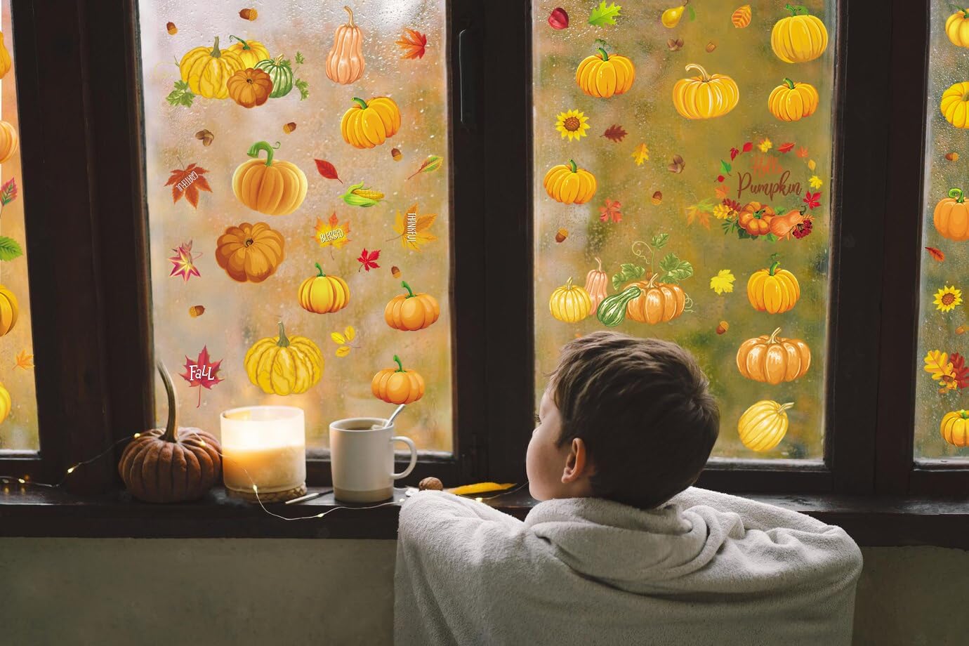 Hying 9 hojas de calabazas de otoño para ventana, calcomanías de Acción de Gracias para ventana, calcomanías estáticas de otoño con hojas de otoño