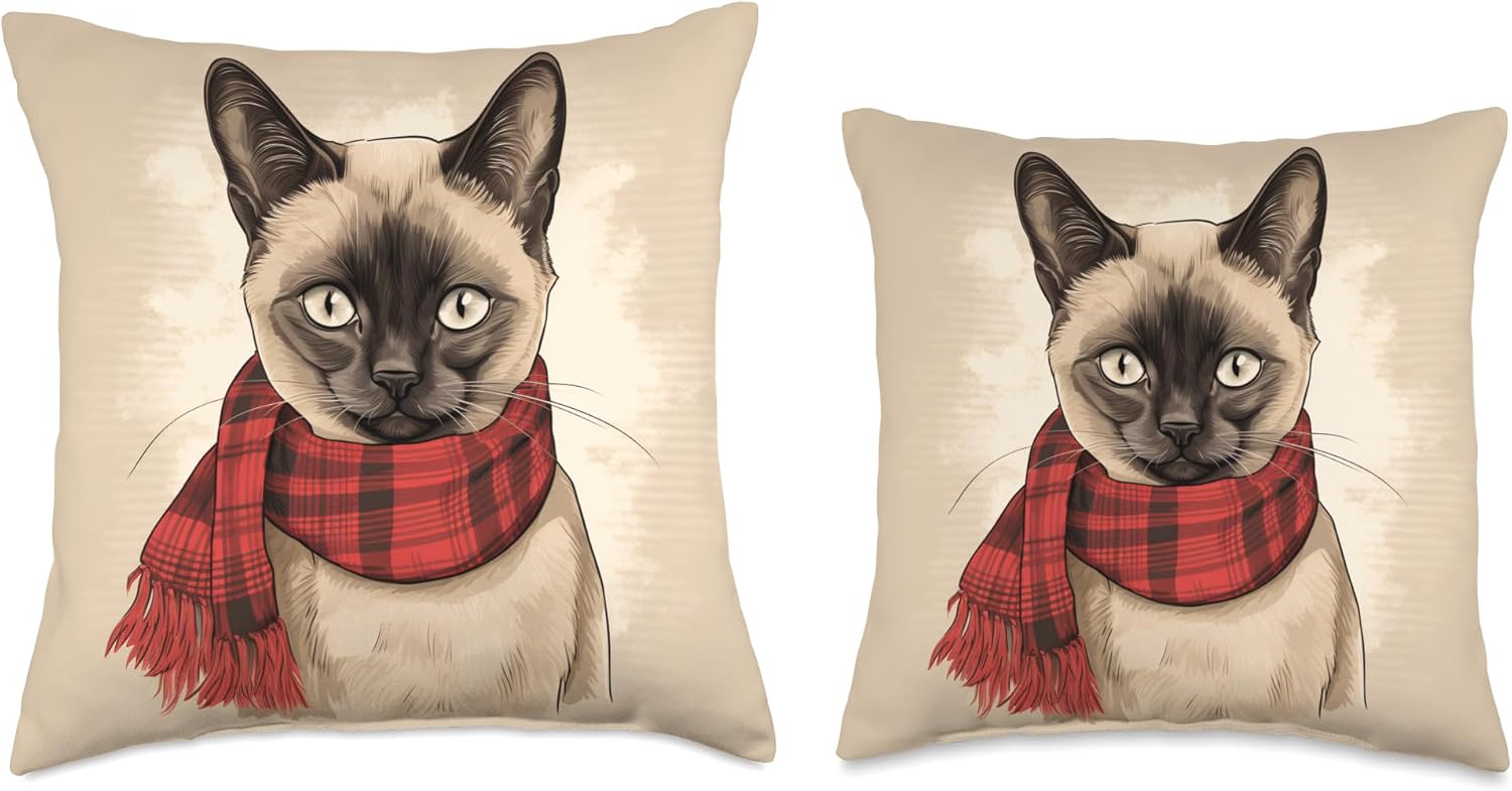 Siamese Cat Happy Christmas Cojín de Navidad a cuadros con diseño de gato siamés, 18 x 18 pulgadas, multicolor