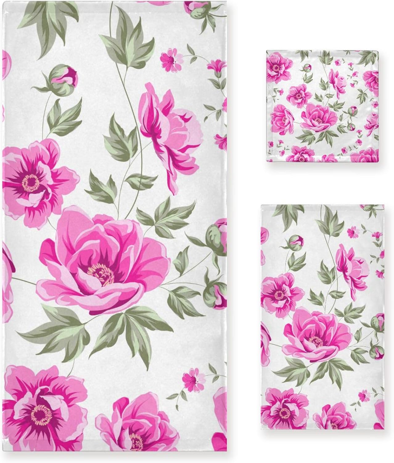 Elegante juego de 3 toallas de baño de peonía rosa, súper suaves, 1 toalla de mano, 1 paño de lavado, 1 toalla de baño, toallas decorativas para