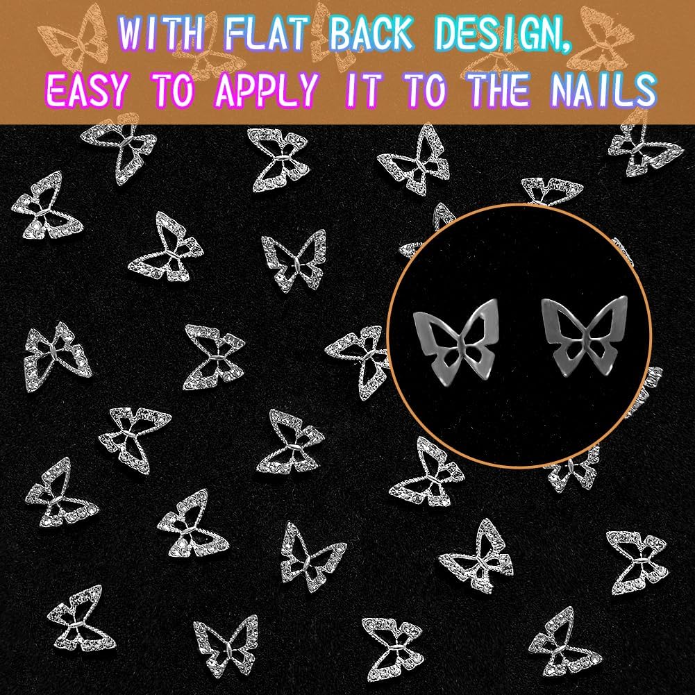 20 dijes de aleación de mariposa para uñas, gemas de mariposa de metal 3D, diamantes de imitación de uñas de cristal brillante para uñas acrílicas,