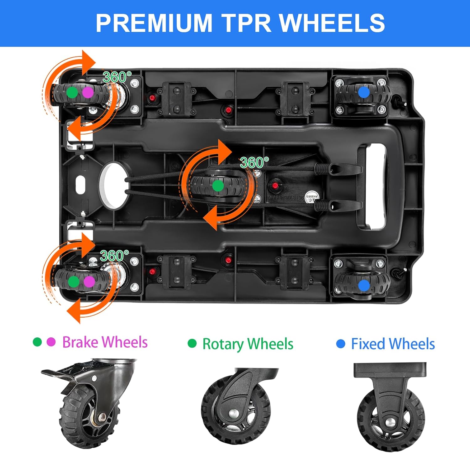 Camión de mano plegable, 330 libras, carrito de mano plegable, carrito de mano resistente, carrito de equipaje de plataforma portátil con 5 ruedas y