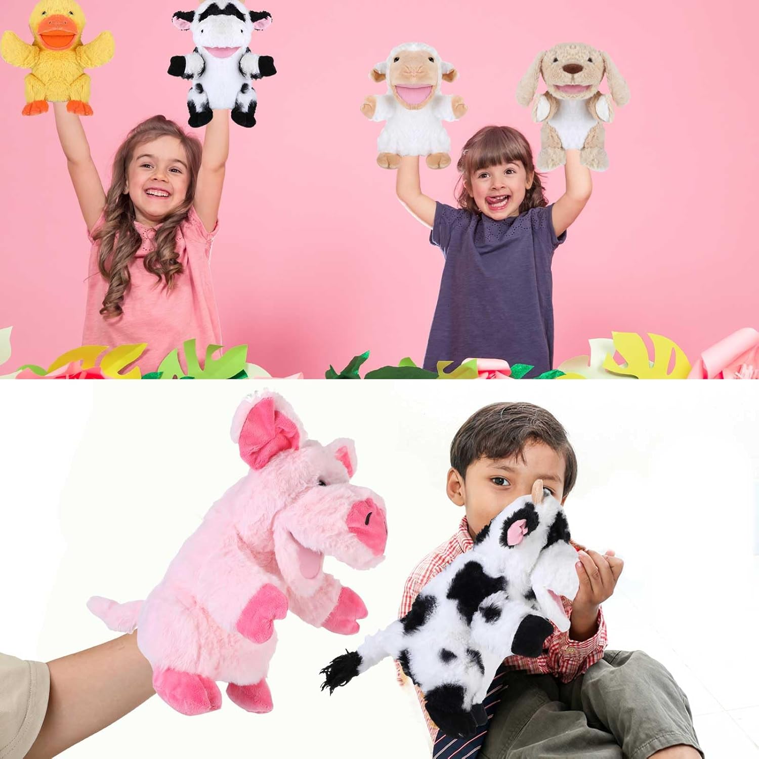 6 marionetas de mano de animales para niños, marionetas de mano con boca de trabajo, juguete de peluche para espectáculos, teatro, cumpleaños, cesta