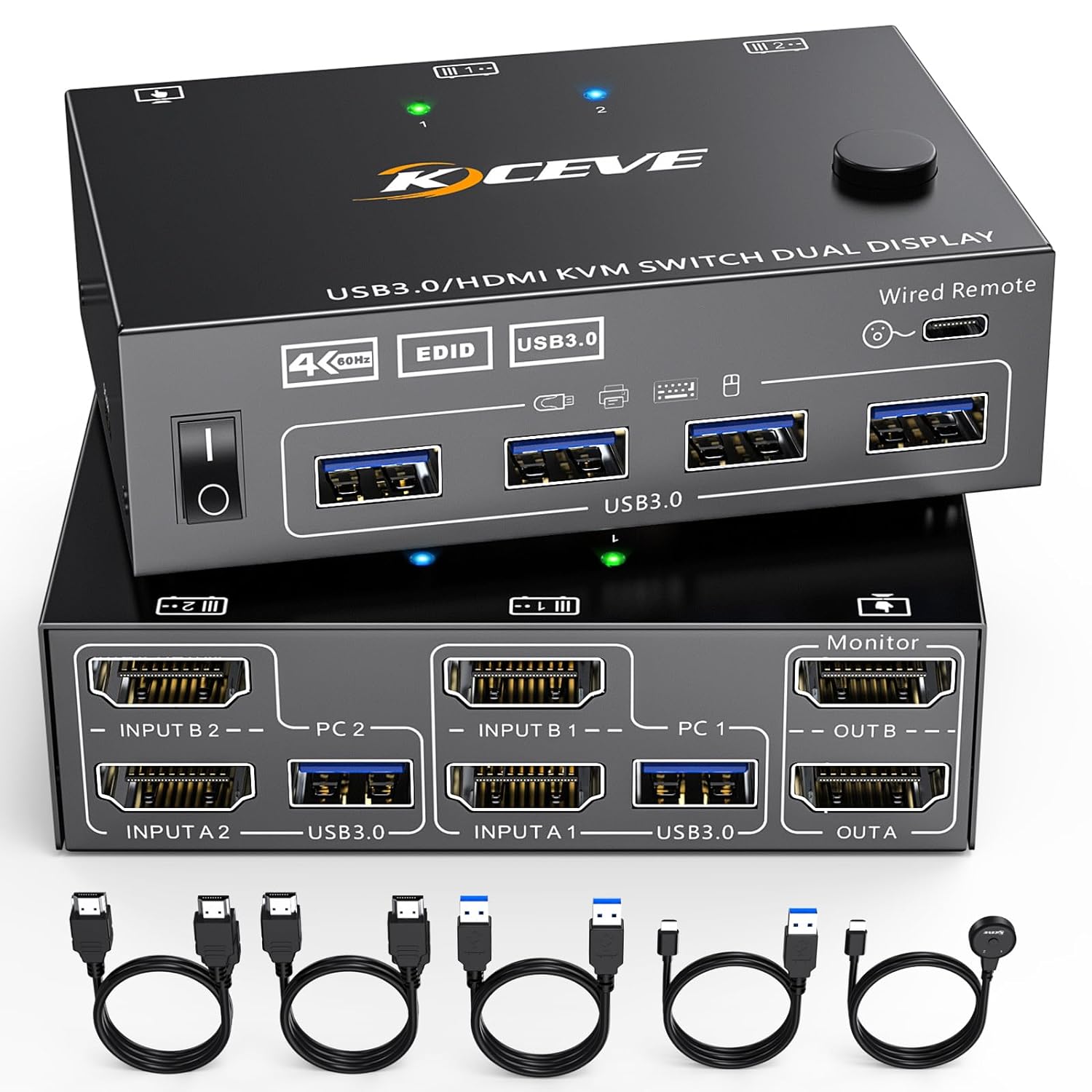 Interruptor KVM USB 3.0 HDMI Dual Monitor, Conmutador de pantalla extendida HDMI USB para 2 computadoras, 2 monitores y 4 puertos USB 3.0, con