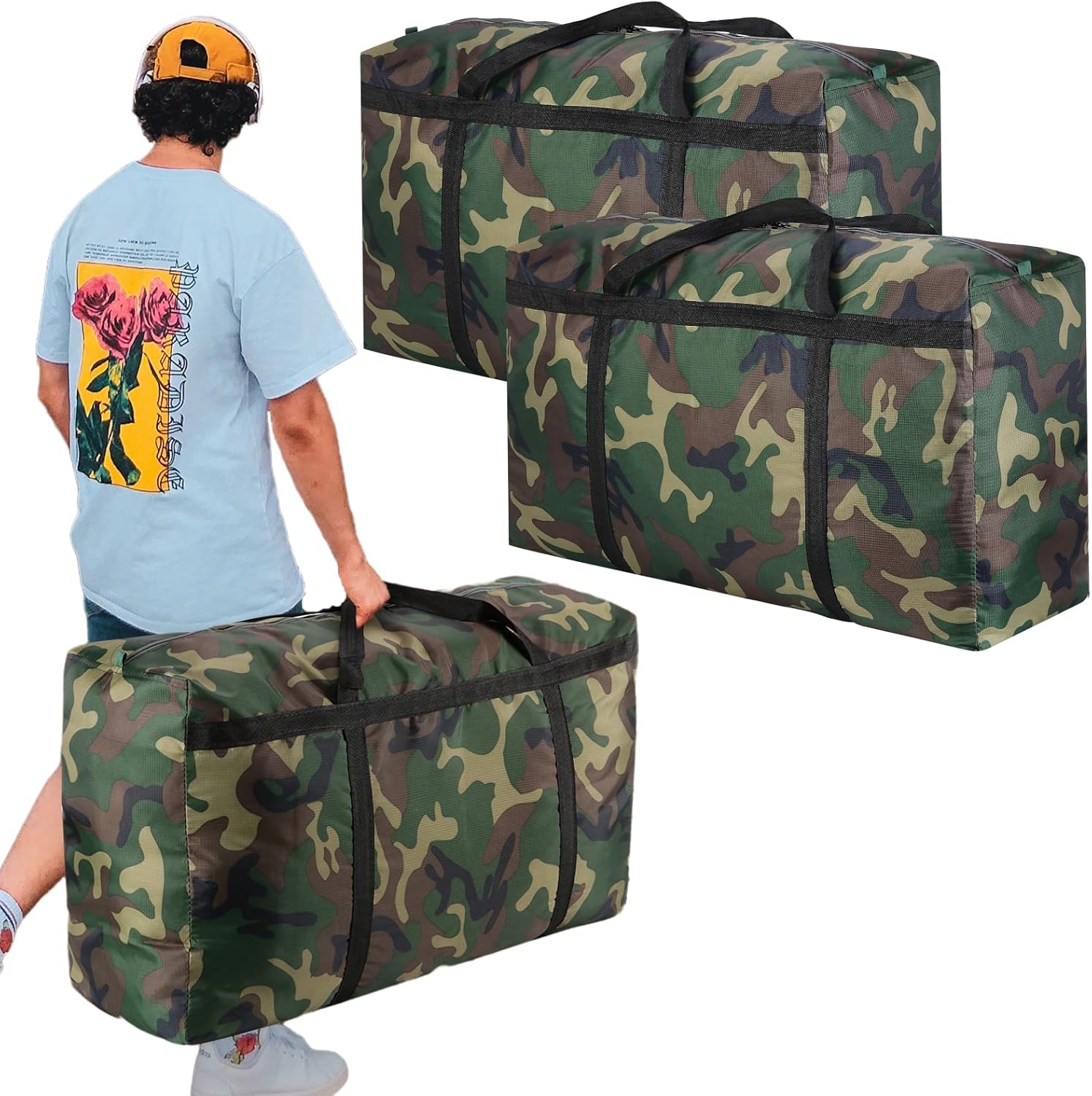 2 paquetes de bolsas de mudanza extra grandes de camuflaje de 100 L, bolsas de almacenamiento resistentes, asas envolventes de tela Oxford 600D,