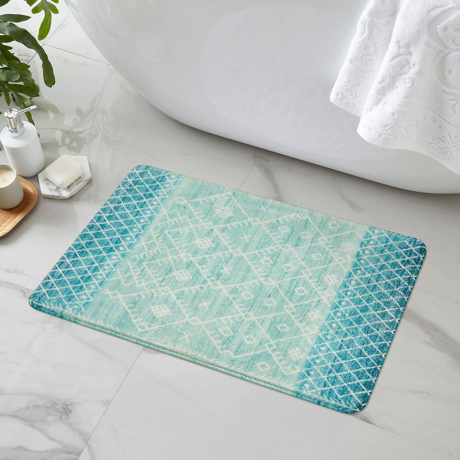 Uphome Tapete de baño antideslizante azul, de 18 x 25 pulgadas, tapete de baño geométrico marroquí, tapete de ducha de terciopelo suave de secado