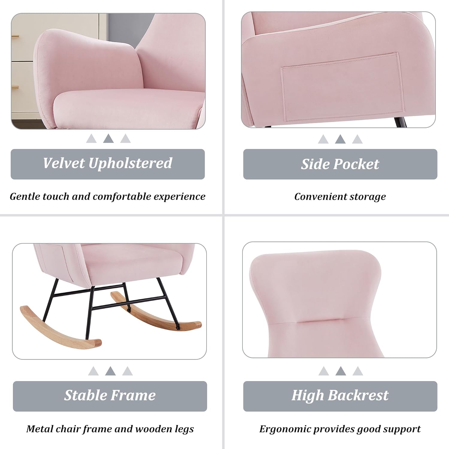 Olela Mecedora para guardería, mecedora tapizada de peluche, asiento acolchado con respaldo alto y bolsillo lateral para sala de estar, dormitorio,