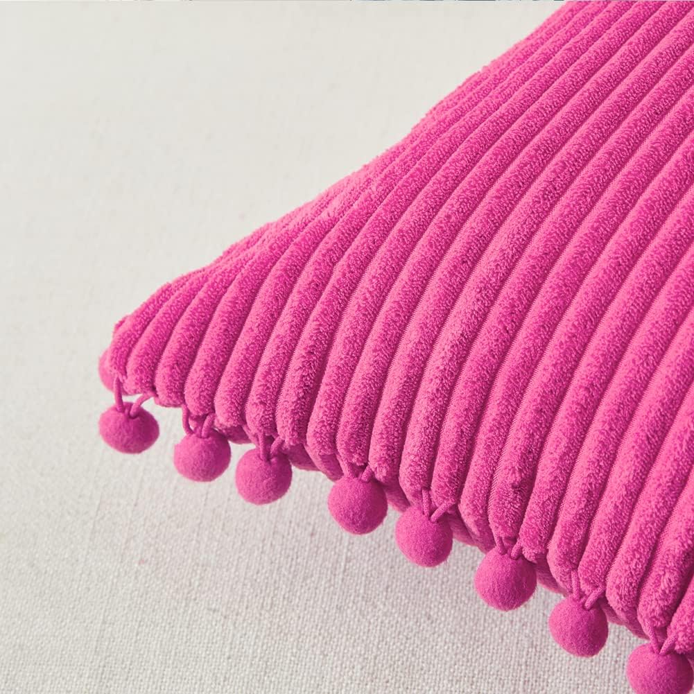 Fancy Homi Juego de fundas de almohada decorativas de pana suave con pompones, fundas de cojín cuadradas sólidas para sofá, dormitorio, automóvil,