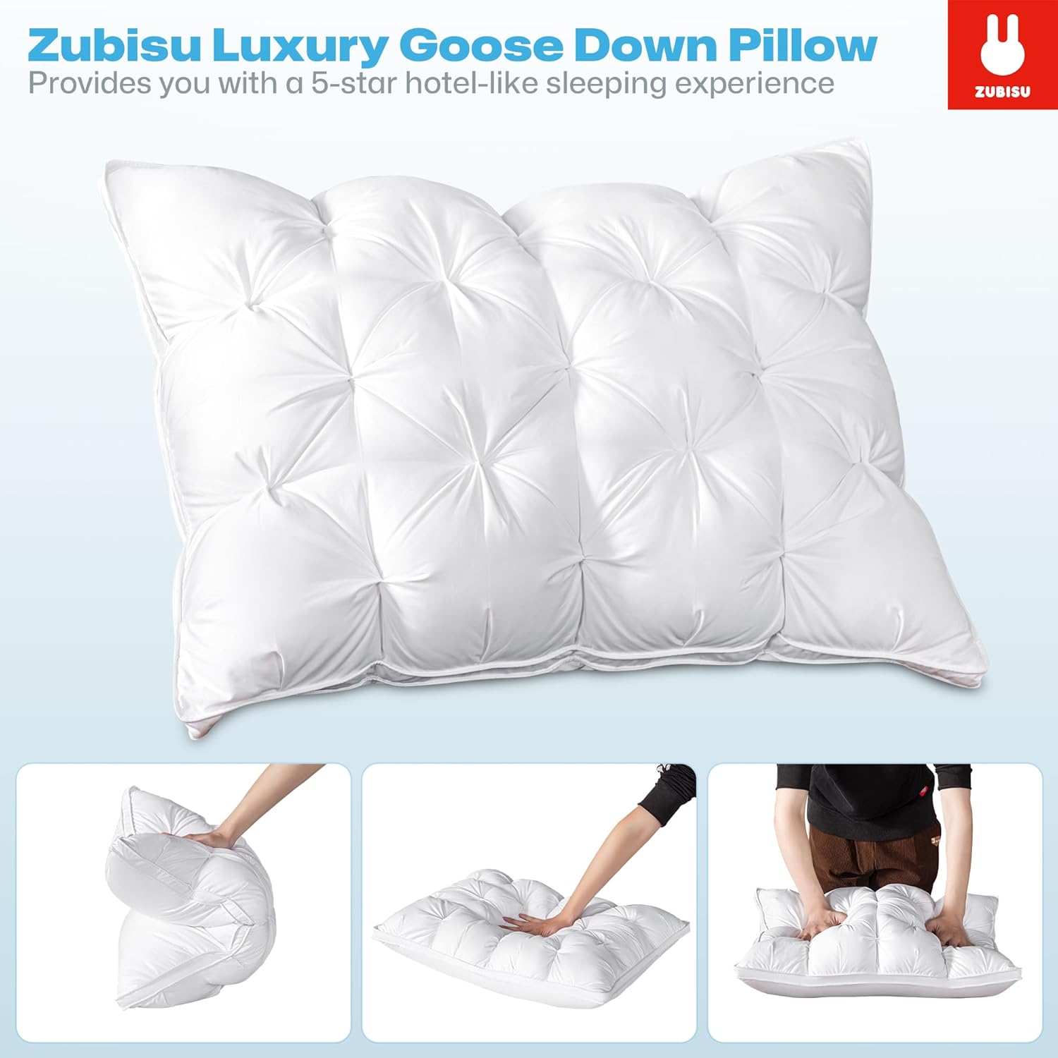 ZUBISU Almohada de plumón de ganso blanco de lujo, tamaño Queen, 800 de potencia de relleno, almohada de plumas de hotel esponjosa y suave,