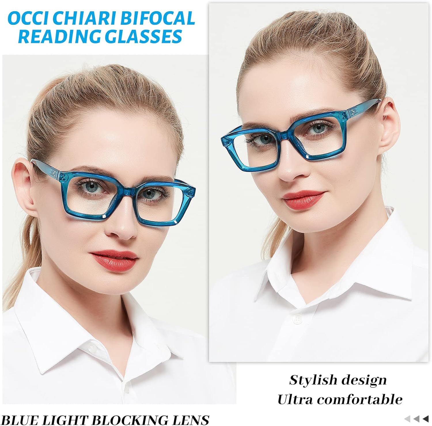 OCCI CHIARI Modernas gafas de lectura bifocales 2.5 para mujer, bloqueo de luz azul, lectura de gran tamaño, 1.0 1.5 2.0 2.5 3.0 3.5 (azul, 2.50)