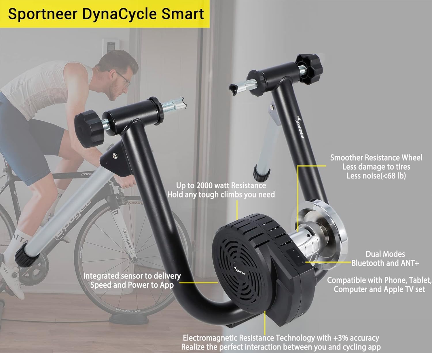 Sportneer Entrenador de bicicleta – Entrenador de bicicleta estacionario inteligente compatible con conexión Bluetooth y ANT+ – Soporte de