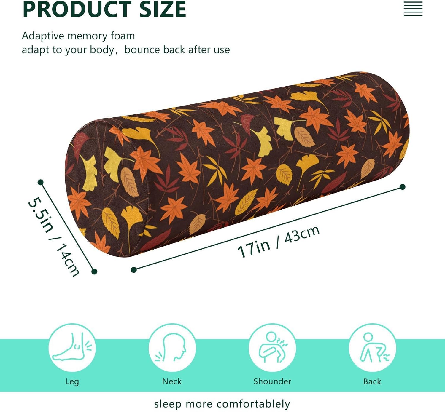 KLL Autumn Leaves Bolster Pillow Decorative Foam Neck Roll Pillow Round Pillow Insert 17 Inch Round Foam Cushion Bolster Cover with Zipper