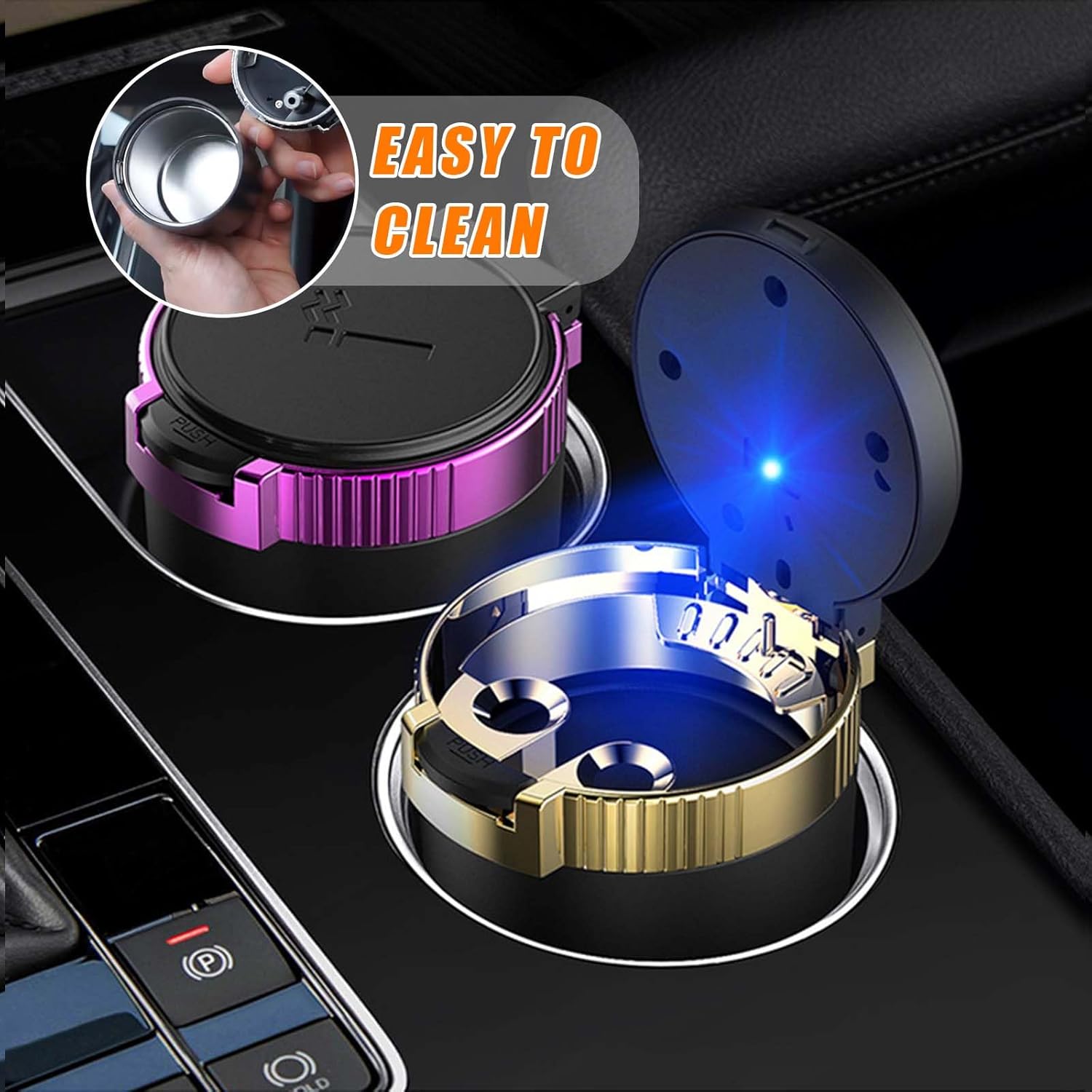 Cenicero para automóvil con tapa, cenicero portátil y desmontable sin humo, mini cubo de basura de acero inoxidable para vehículo con luz LED azul,