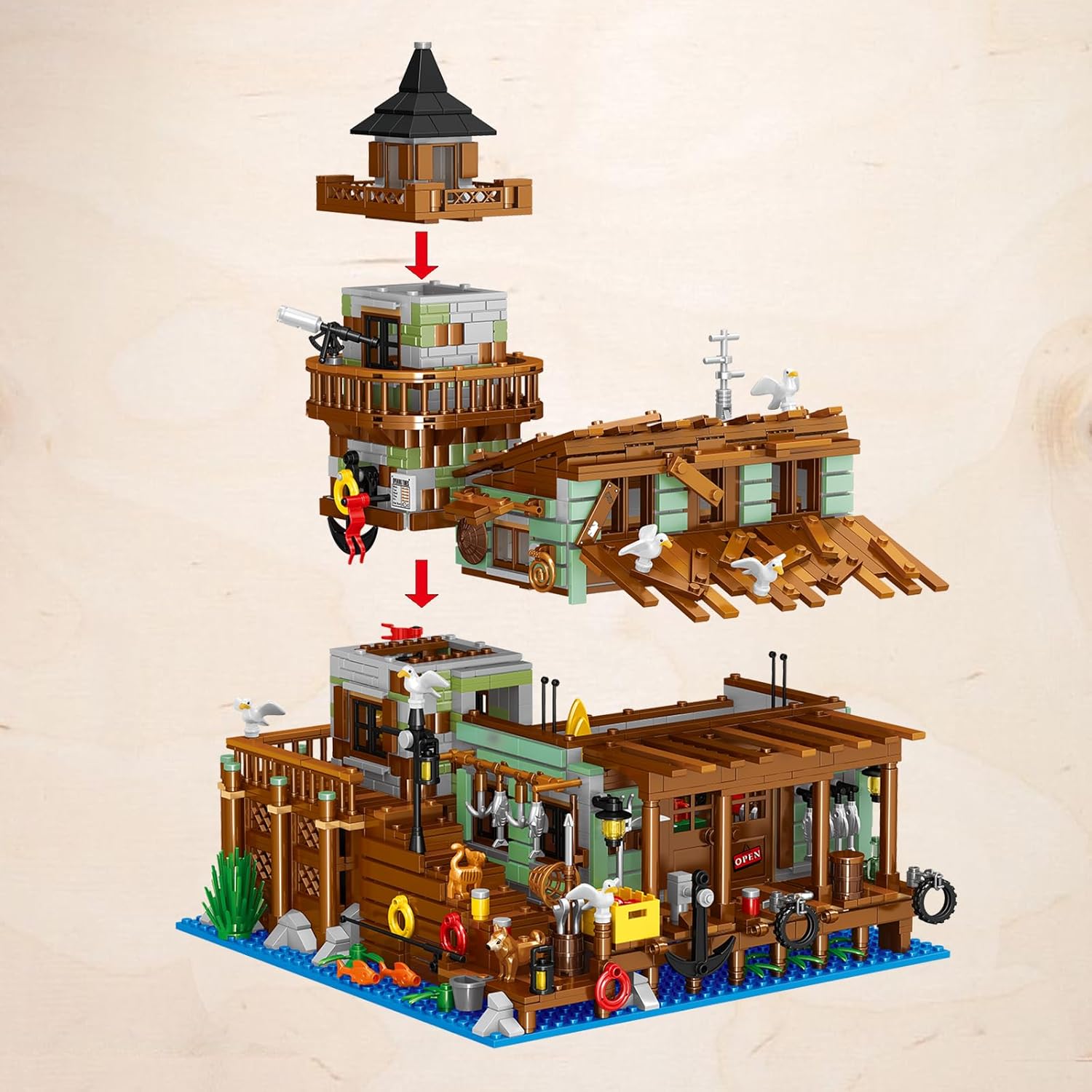 ZYLEGEN Tienda de pueblo pesquero casa Mini ladrillos Kit de construcción (1881 piezas)