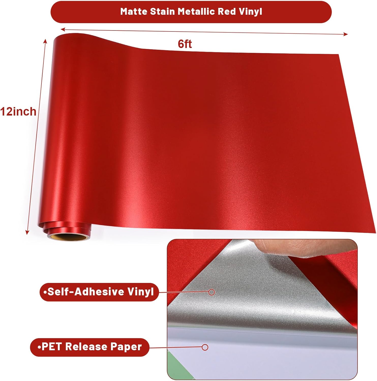 GIRAFVINYL Vinilo permanente rojo, rollo de vinilo metálico mate de 12 pulgadas x 6 pies, vinilo adhesivo rojo para decoración del hogar, automóvil,