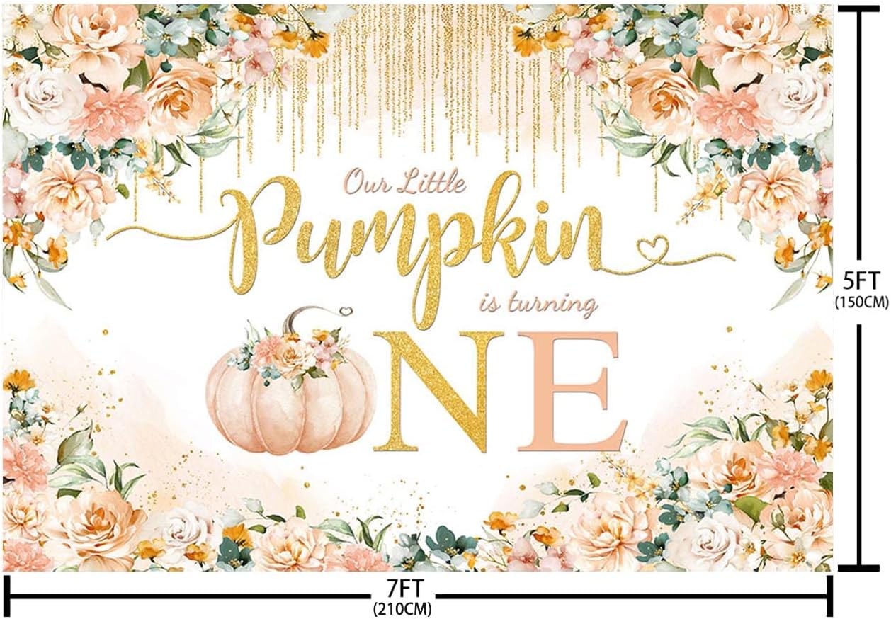 Telón de fondo de calabaza para primer cumpleaños de niñas de 7 x 5 pies para otoño, otoño, naranja, calabaza, floral, primer cumpleaños,