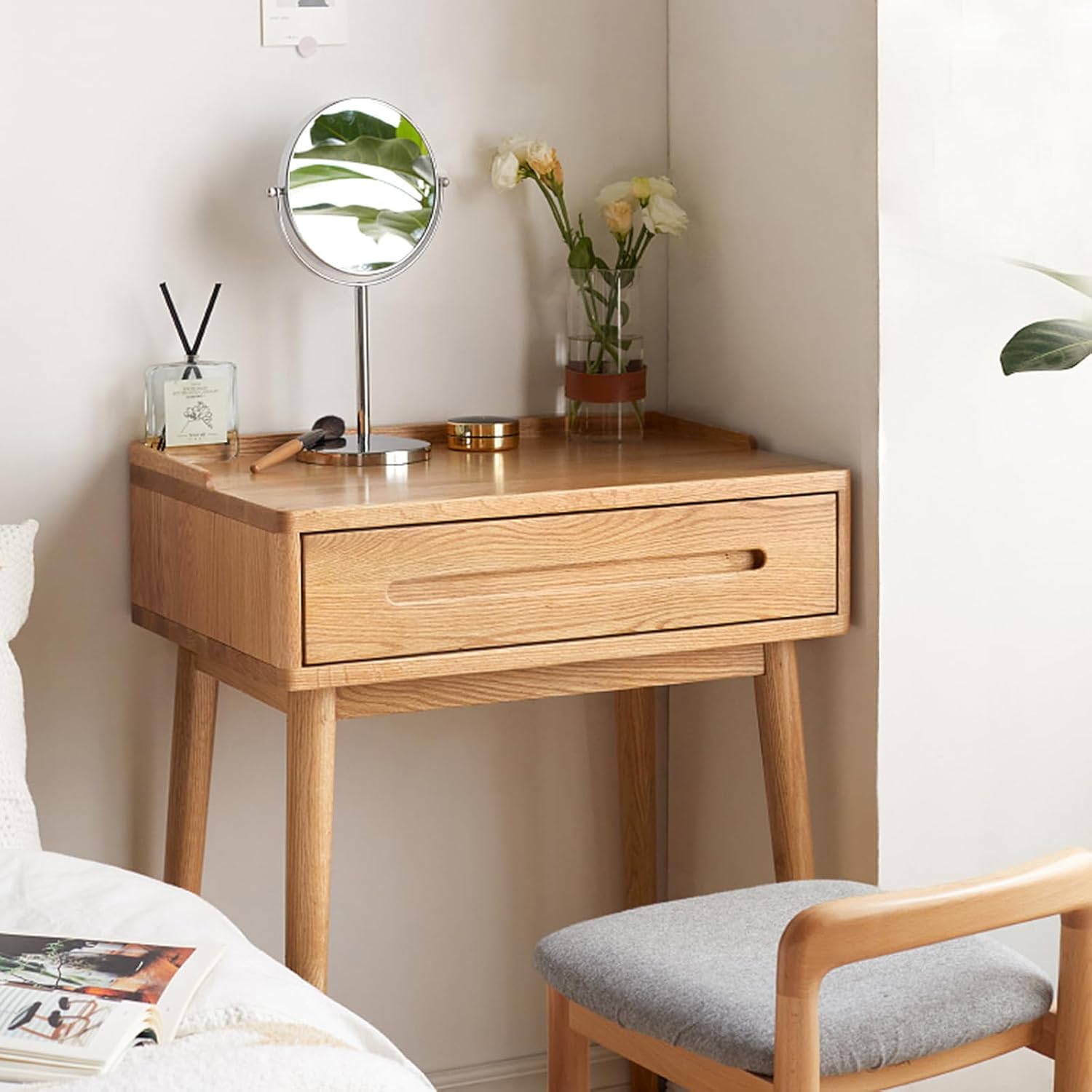 Escritorio pequeño de tocador 100% madera de roble, mesa auxiliar moderna de mediados de siglo para dormitorio, versátil como mesita de noche y mesa
