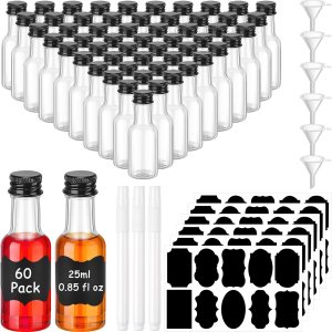 60 mini botellas de licor de 0.85 onzas de plástico reutilizables con tapa de rosca negra, mini embudo, etiquetas y marcador blanco, mini botellas 60 mini botellas de licor de 0.85 onzas de plástico reutilizables con tapa de rosca negra, mini embudo, etiquetas y marcador blanco, mini botellas