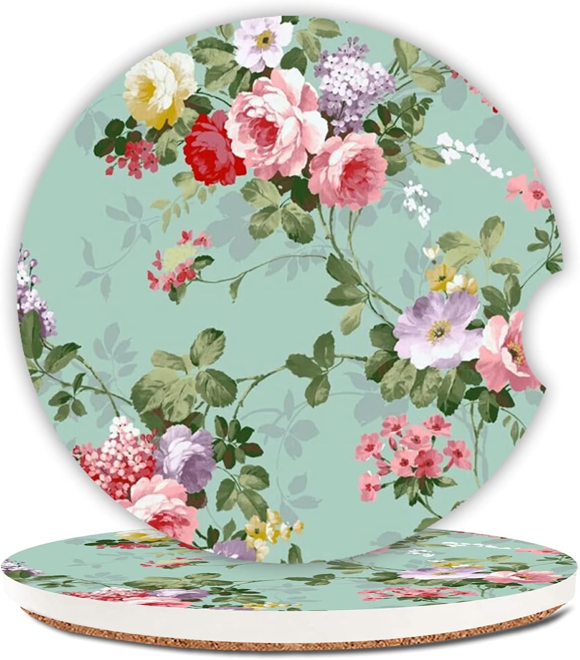 Portavasos de cerámica verde y rosa para mujereshombres, bonitos posavasos absorbentes para automóvil con muesca de dedo de 2.56 pulgadas, paquete