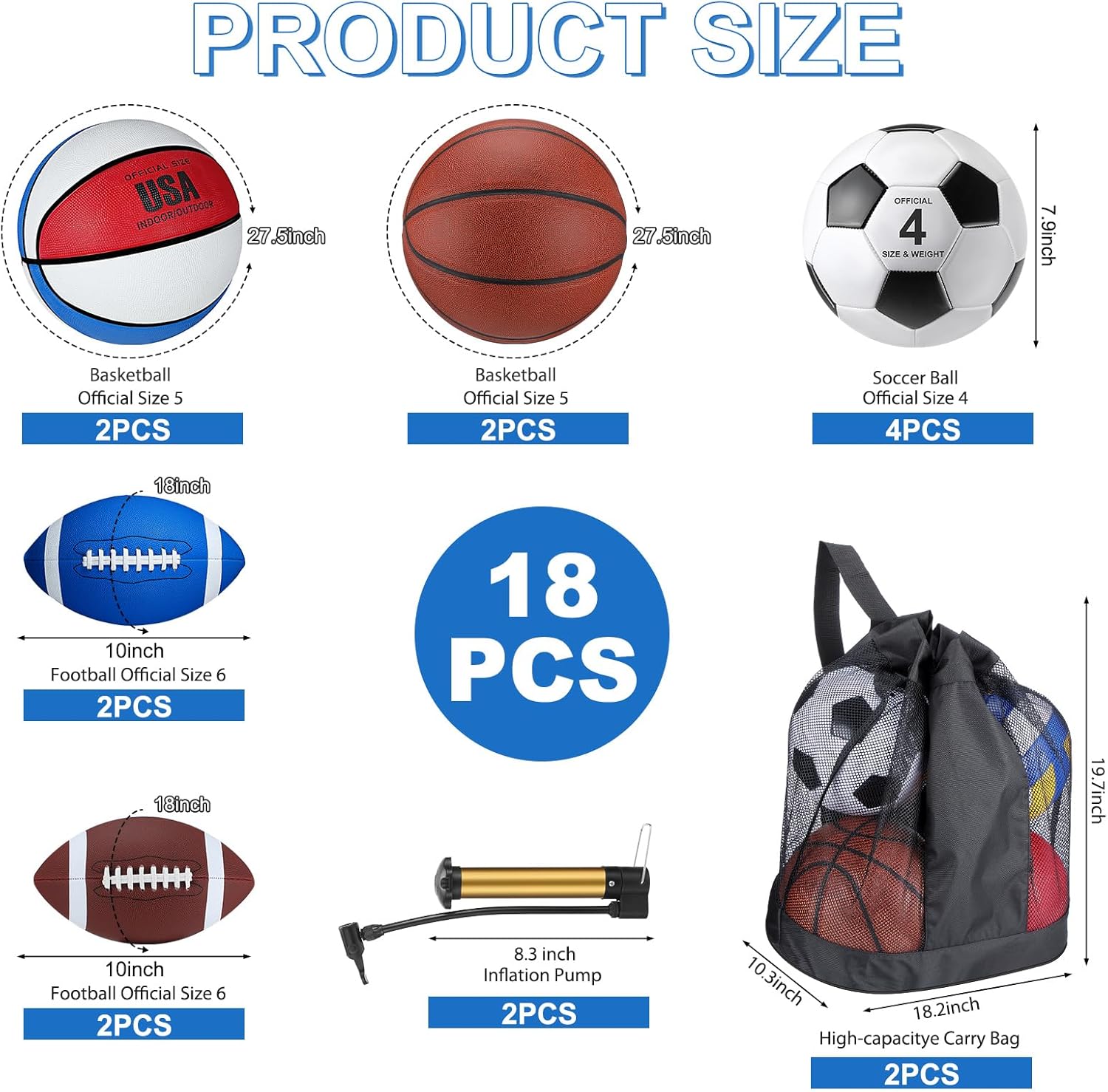 Liliful 12 Pcs Sport Balls Set for Kids Teens, Include Official Size 5 Basketball, Size 6 Football, Size 4 Soccer Ball, 2 Sport Equipment Bags, 4