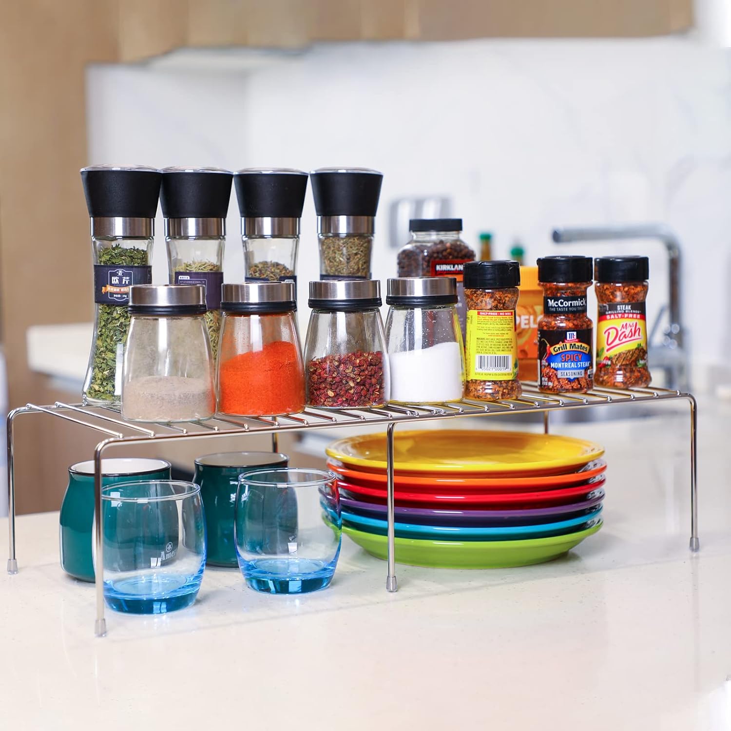 Homneat Estante extensible para gabinete, acero inoxidable ajustable para encimera de cocina, estantes elevadores, estante de cocina para despensa,