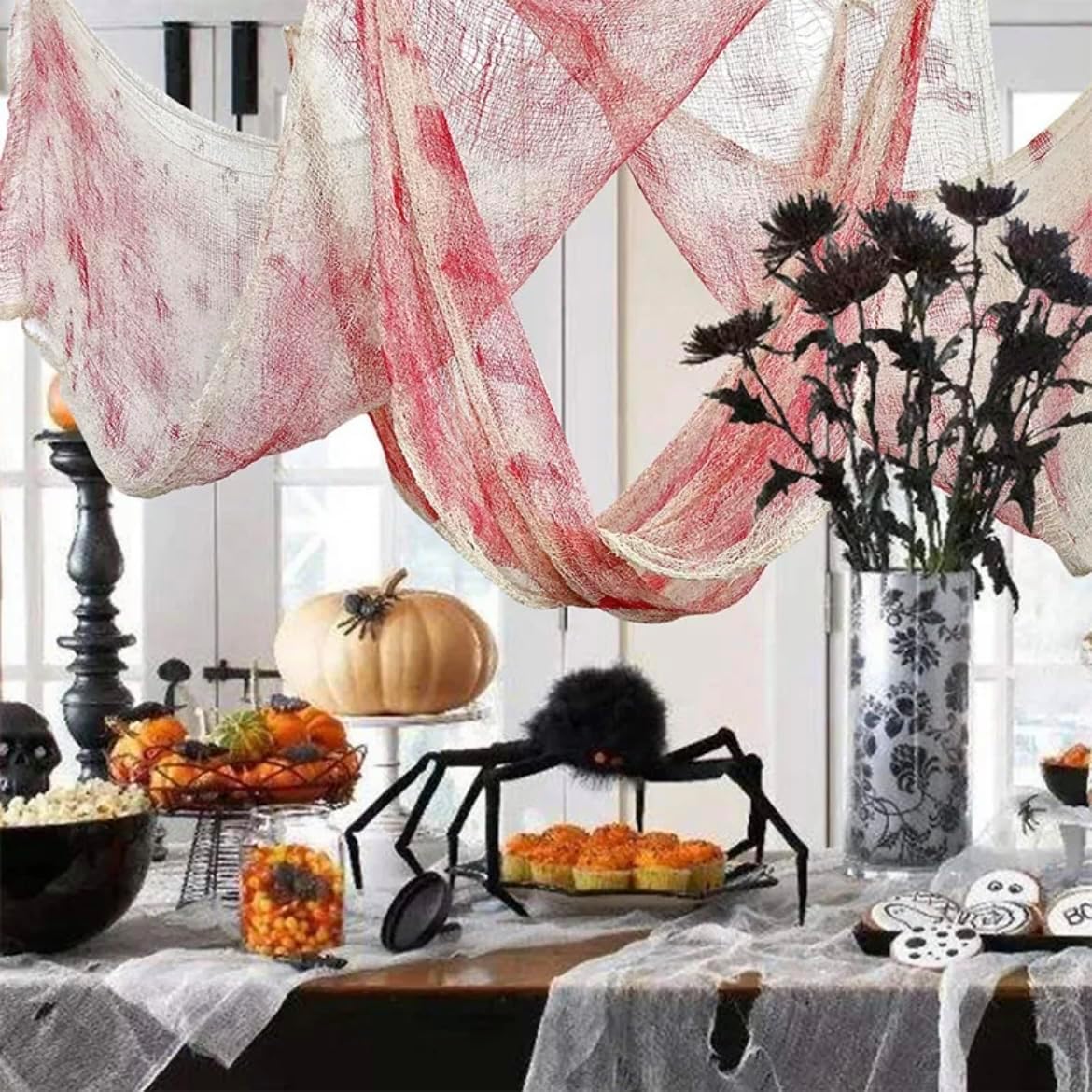 KSTBJN Tela espeluznante de Halloween, 2 piezas de tela roja sangrienta de Halloween, decoración de pared de habitación, gasa elástica para casa