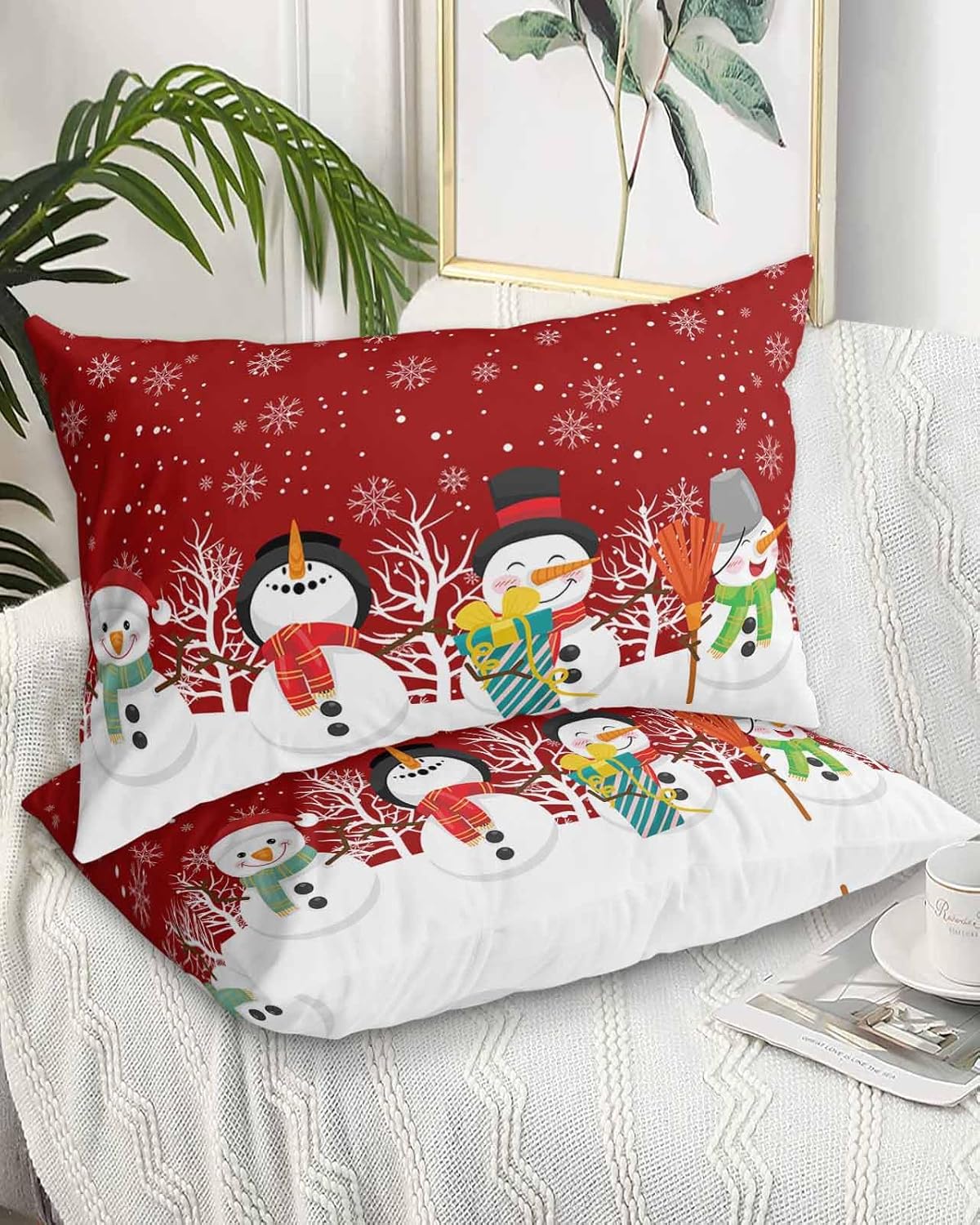 Fundas de almohada de tamaño estándar de muñeco de nieve navideño, 2 paquetes de fundas de almohada suaves decorativas para sofá de cuerpo largo