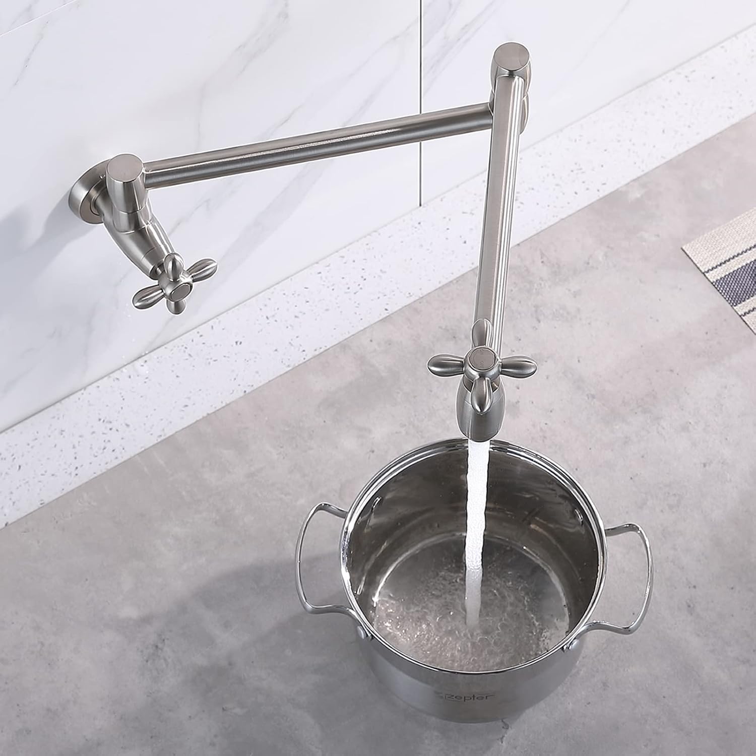 Llenador de ollas de níquel cepillado grifo de cocina de latón macizo plegable montaje en pared extensible doble articulación brazo oscilante de un