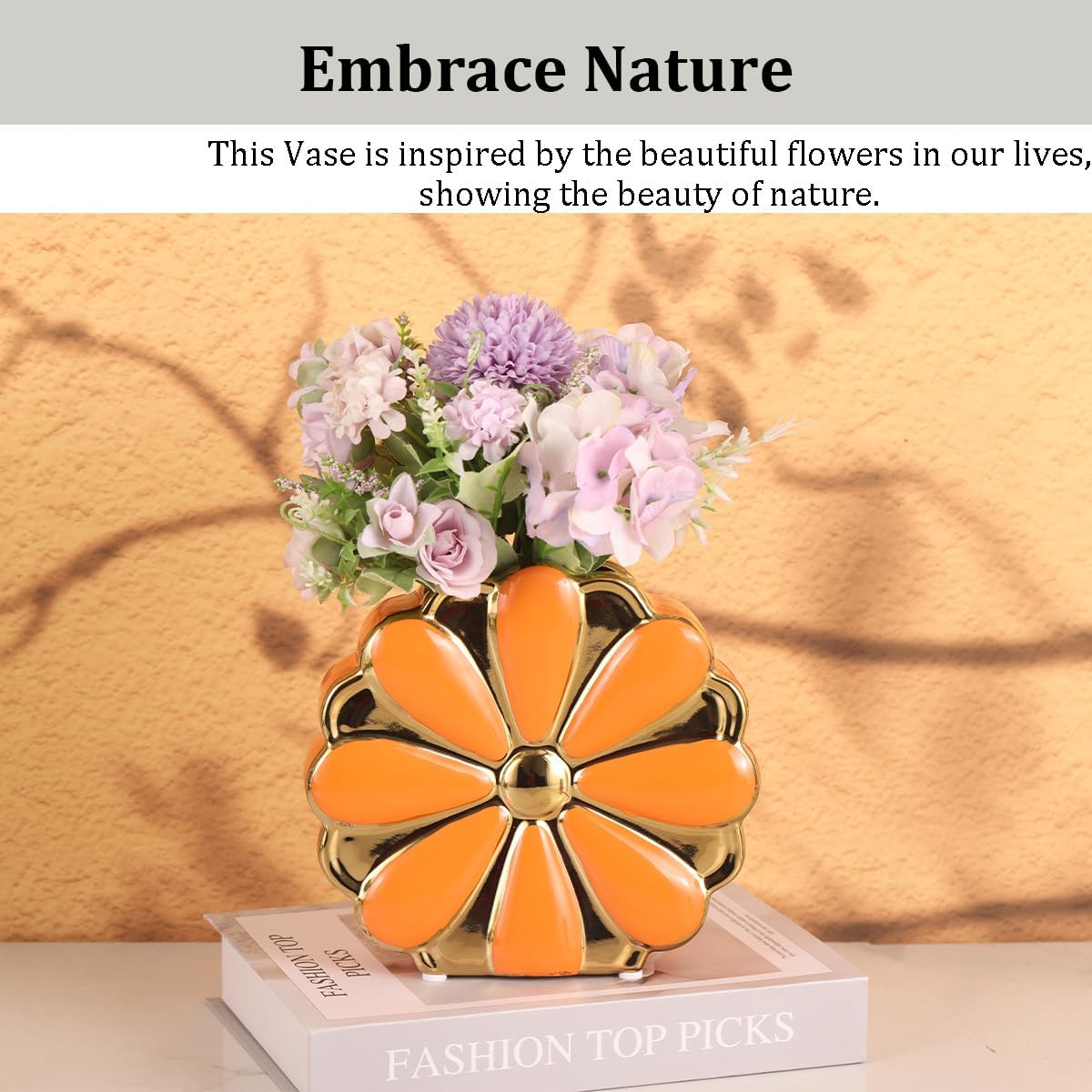 Florero de cerámica naranja y dorado para flores, hierba de pampas, jarrón único y elegante en forma de flor para decoración de estantes, jarrón