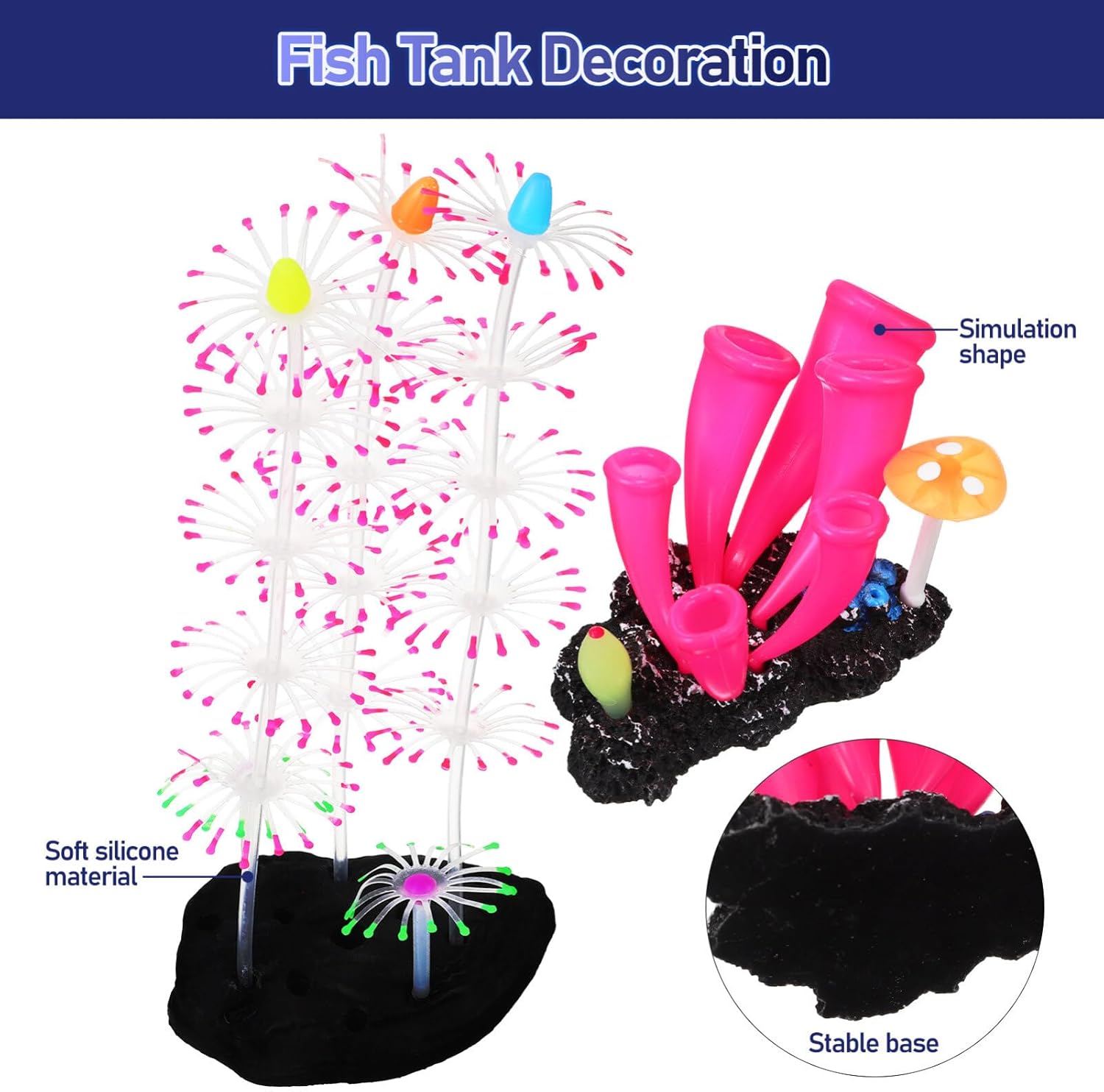 POPETPOP Decoraciones brillantes para pecera, 2 plantas de acuario de simulación de silicona de coral, plantas de acuario, adorno de acuario, planta