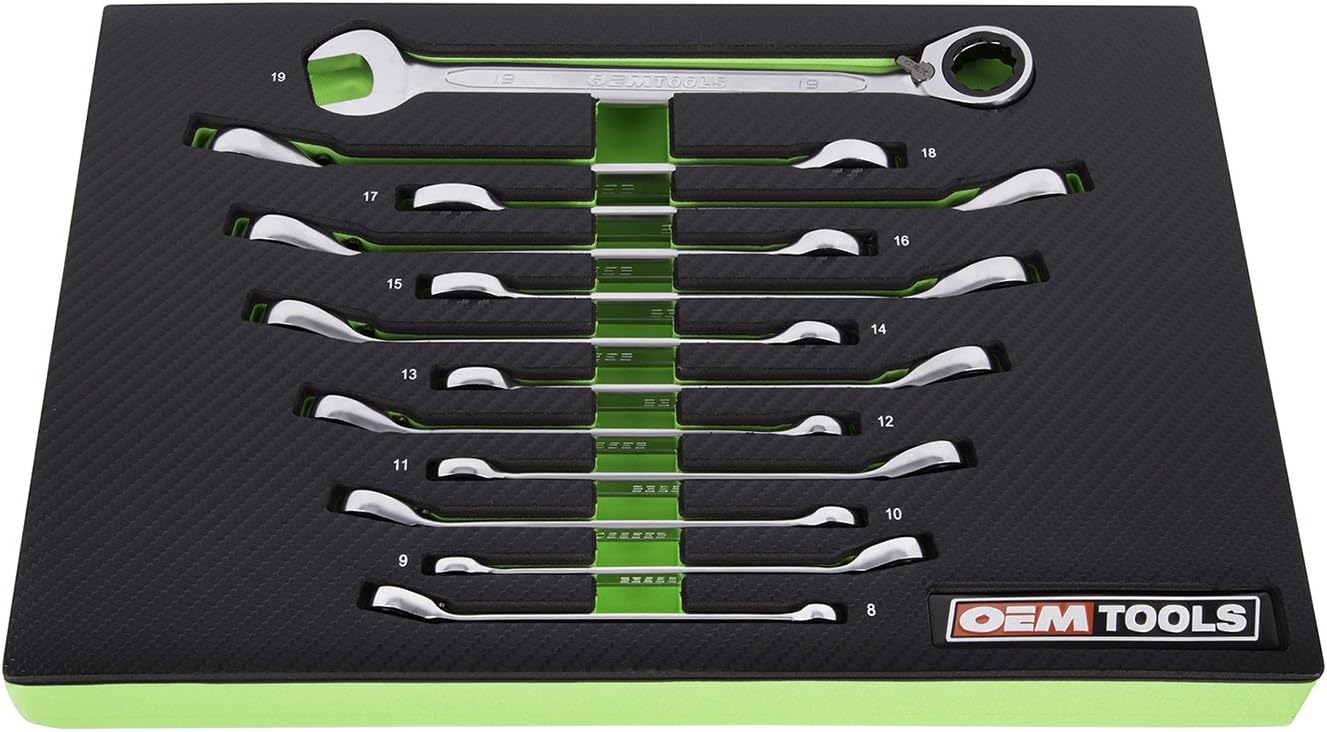 OEMTOOLS 23988 Juego de llaves de trinquete reversibles RingStop de 12 piezas, métricas, juego de llaves combinadas de trinquete métricas de 12