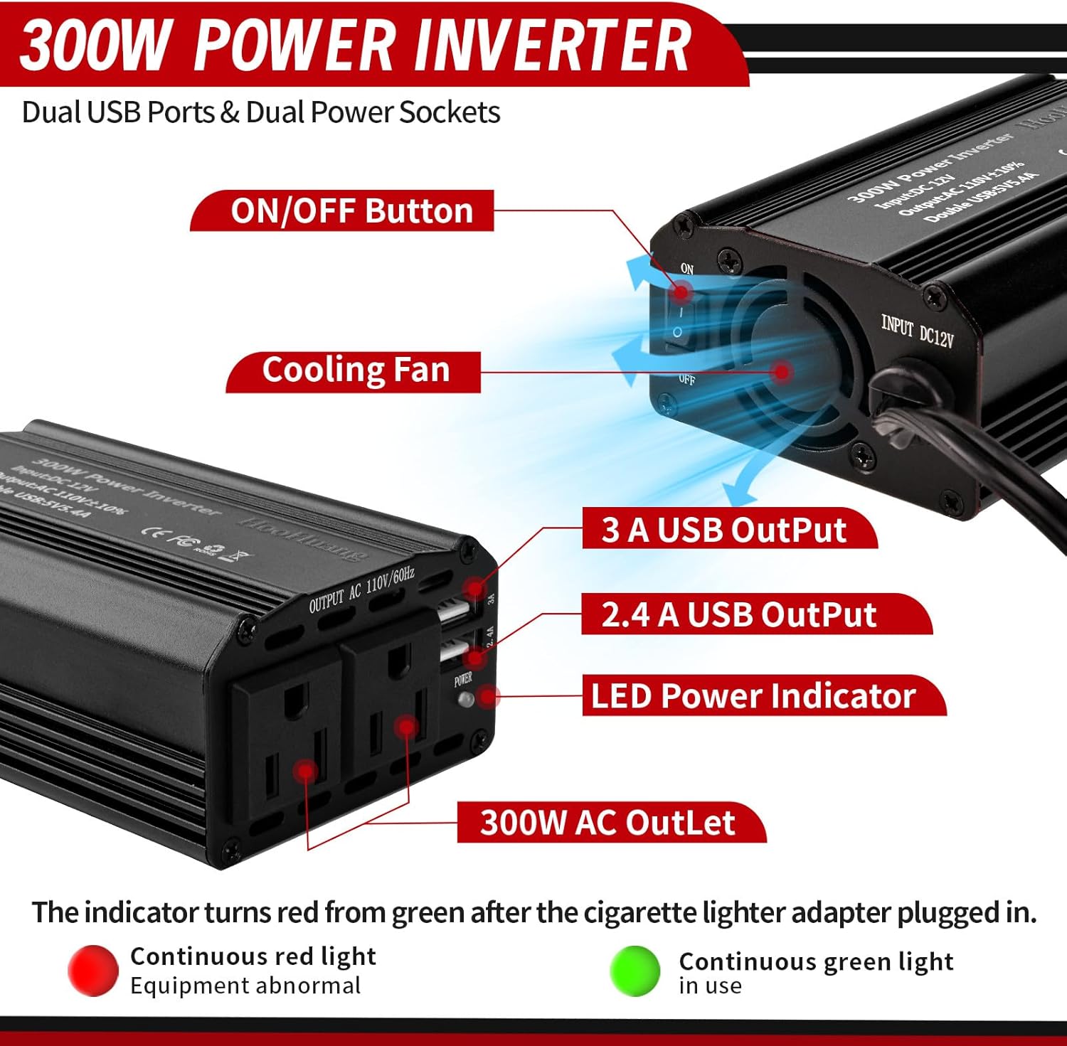 Inversor de corriente de 300 W, 12 V CC a 110 V CA Adaptador de enchufe dual para automóvil, convertidor de salida de adaptador de enchufe doble,