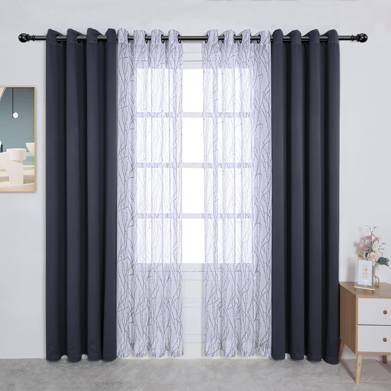 BONZER – Cortinas para combinar – 2 cortinas transparentes con impresión de rama y 2 cortinas opacas para dormitorio, sala de estar, ventana, 54×84
