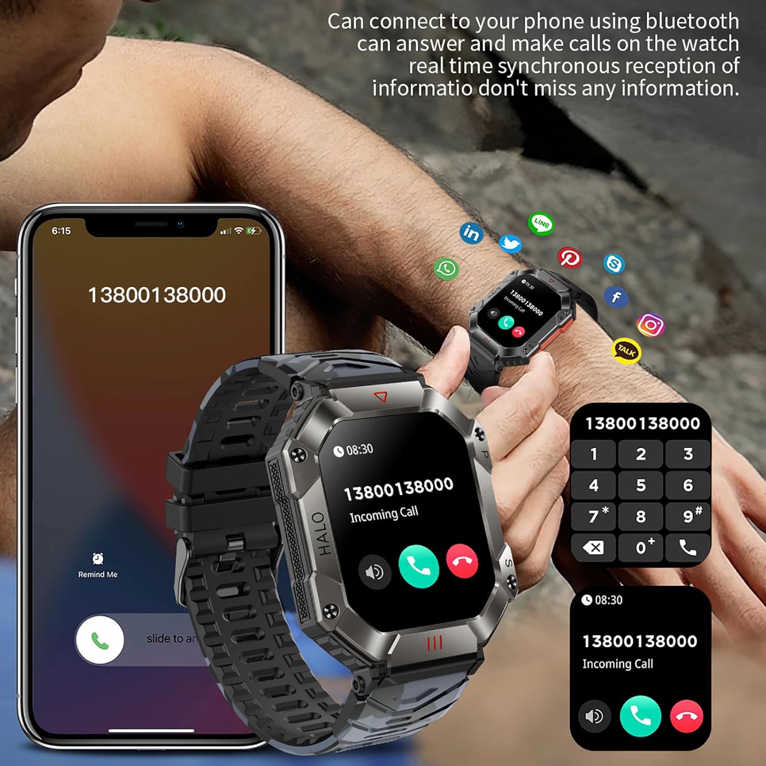 Relojes inteligentes militares para hombres (respuestahacer llamadas), reloj militar táctico, reloj inteligente para teléfonos Android e iOS con