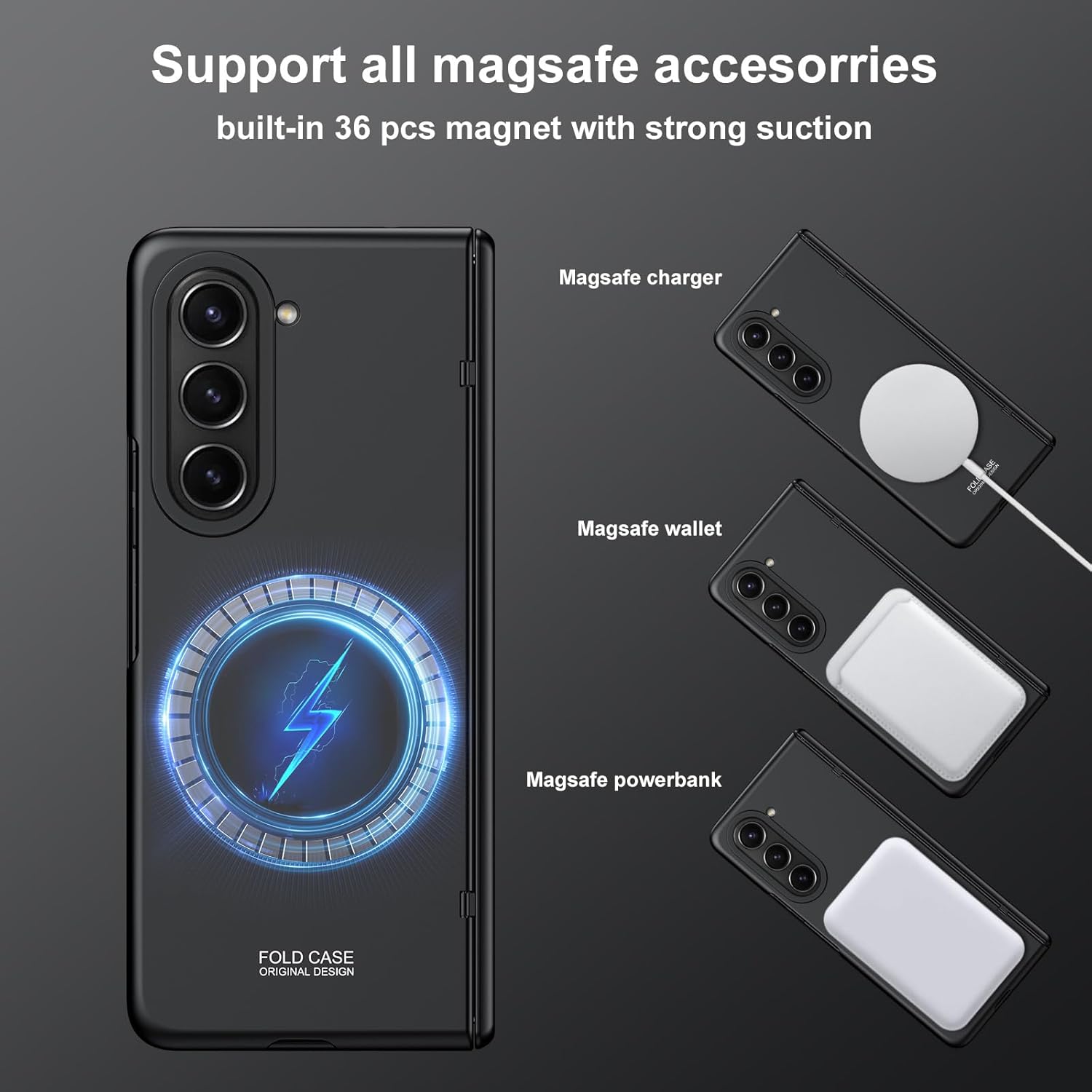 Funda para Samsung Galaxy Z Fold 5, compatible con todos los accesorios MagSafe, protección completa de bisagra, protector de pantalla integrado,