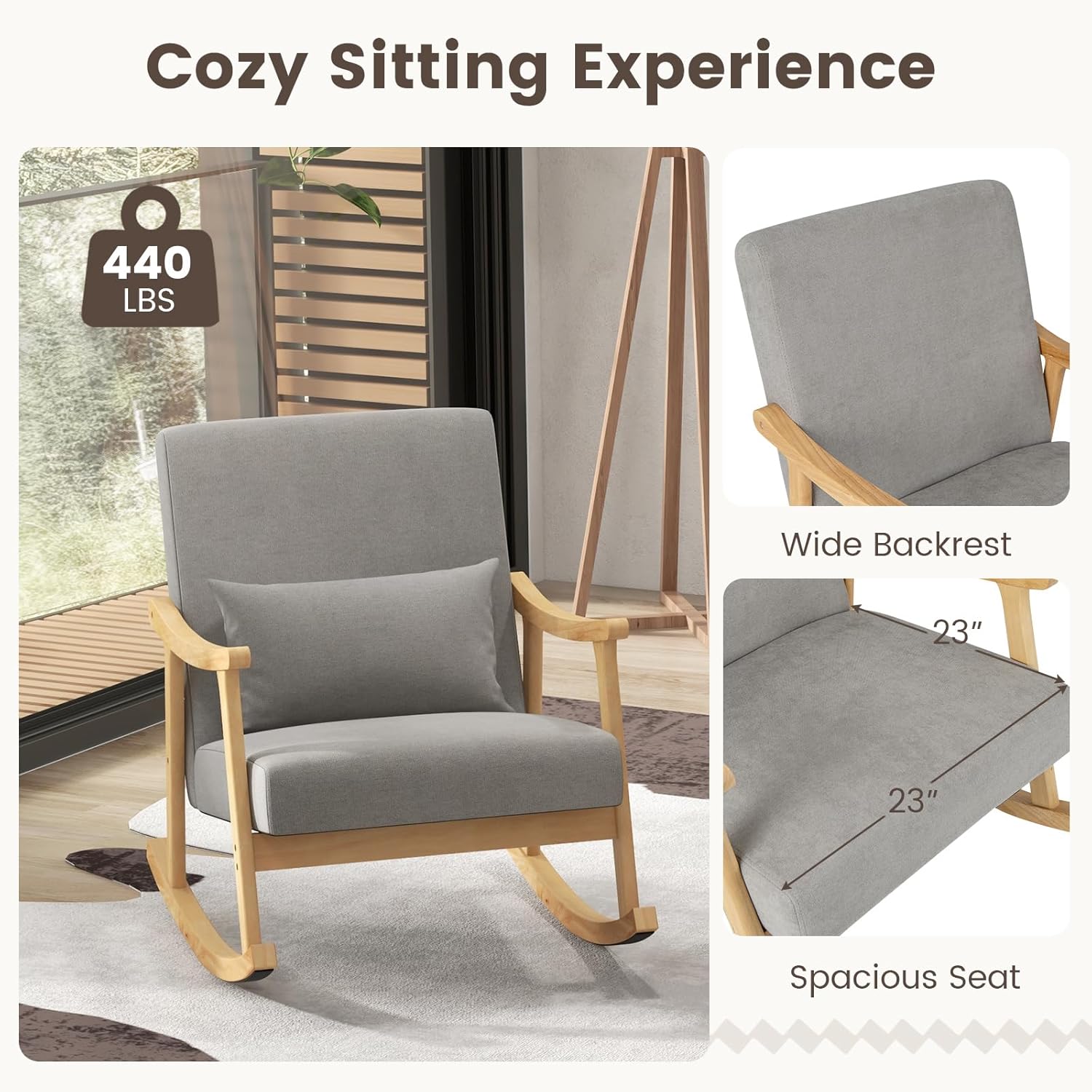 Giantex Mecedora para guardería, silla de interior con reposabrazos de madera de goma, respaldo ancho y cojín de asiento acolchado, almohada lumbar