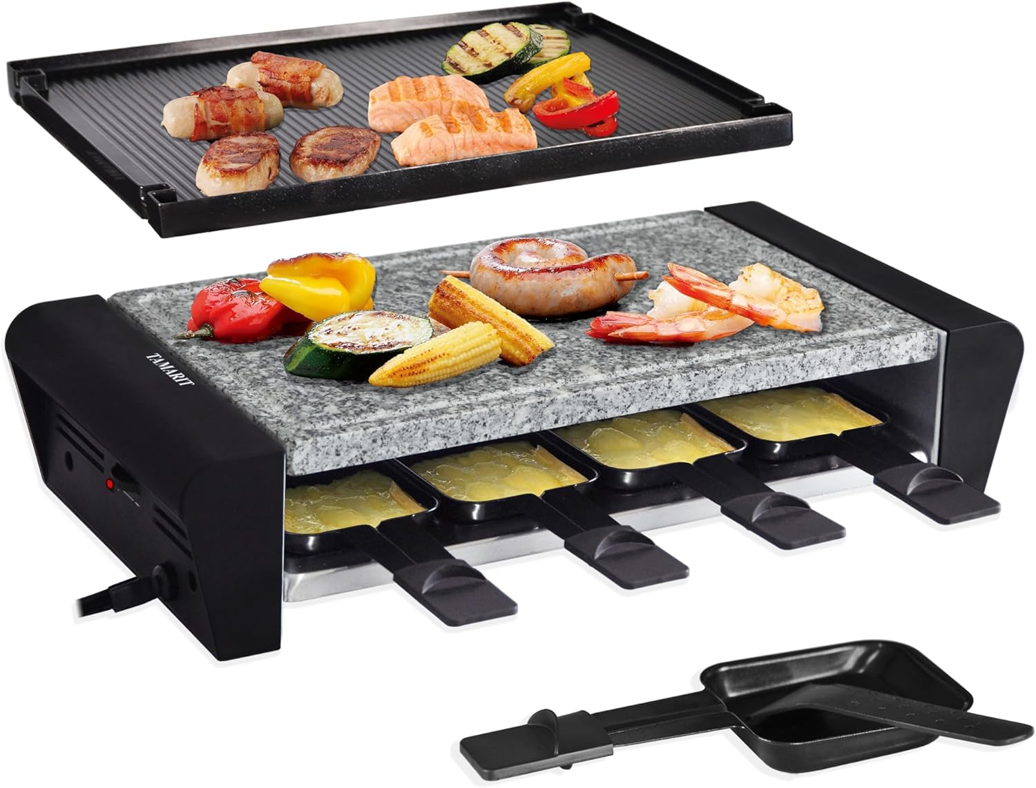 TAMARIT Raclette – Parrilla eléctrica 3 en 1 portátil, parrilla coreana para interior con 8 paletas, apta para lavavajillas, placa de aluminio